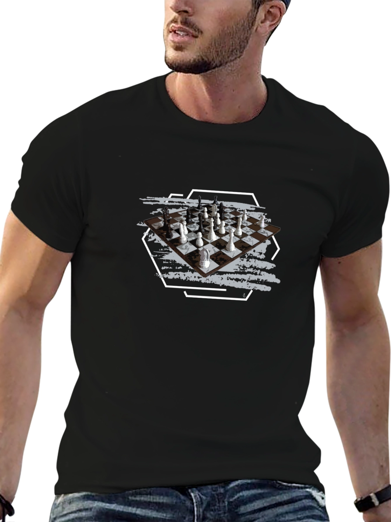 Black Chessboard Graphic Tee - Stylish Unisex Black T-Shirt view 6