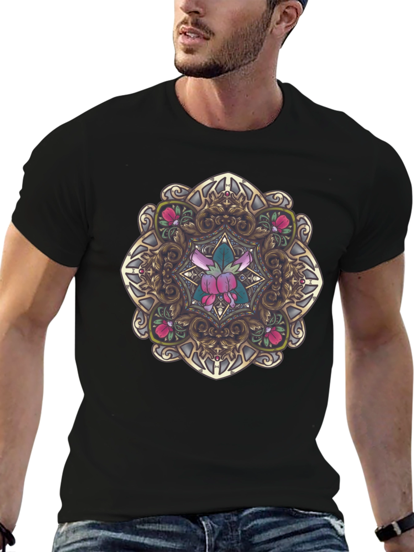 Black Ornate Floral Mandala Graphic Black T-Shirt view 6
