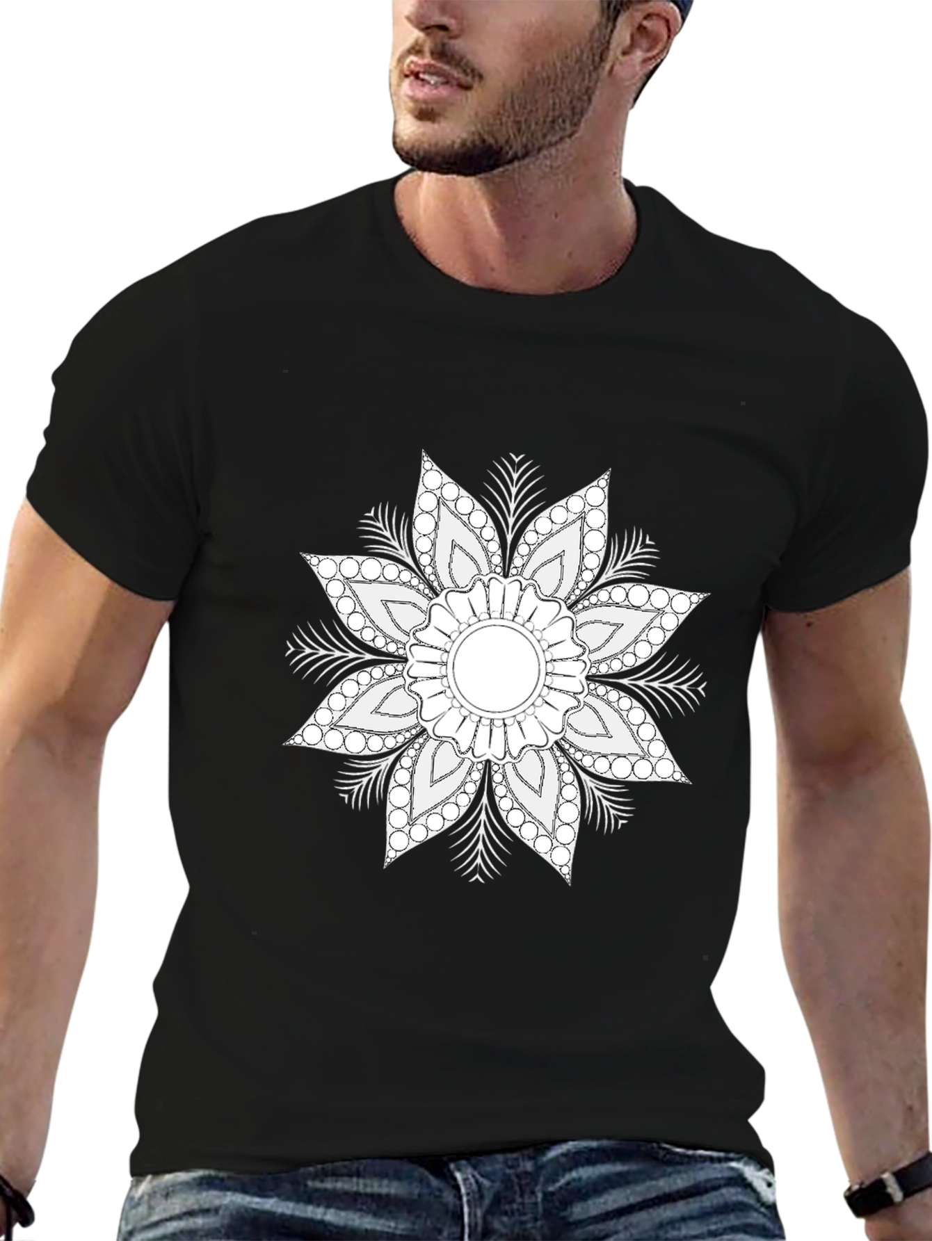 Black Black T-Shirt with White Floral Mandala Design view 6