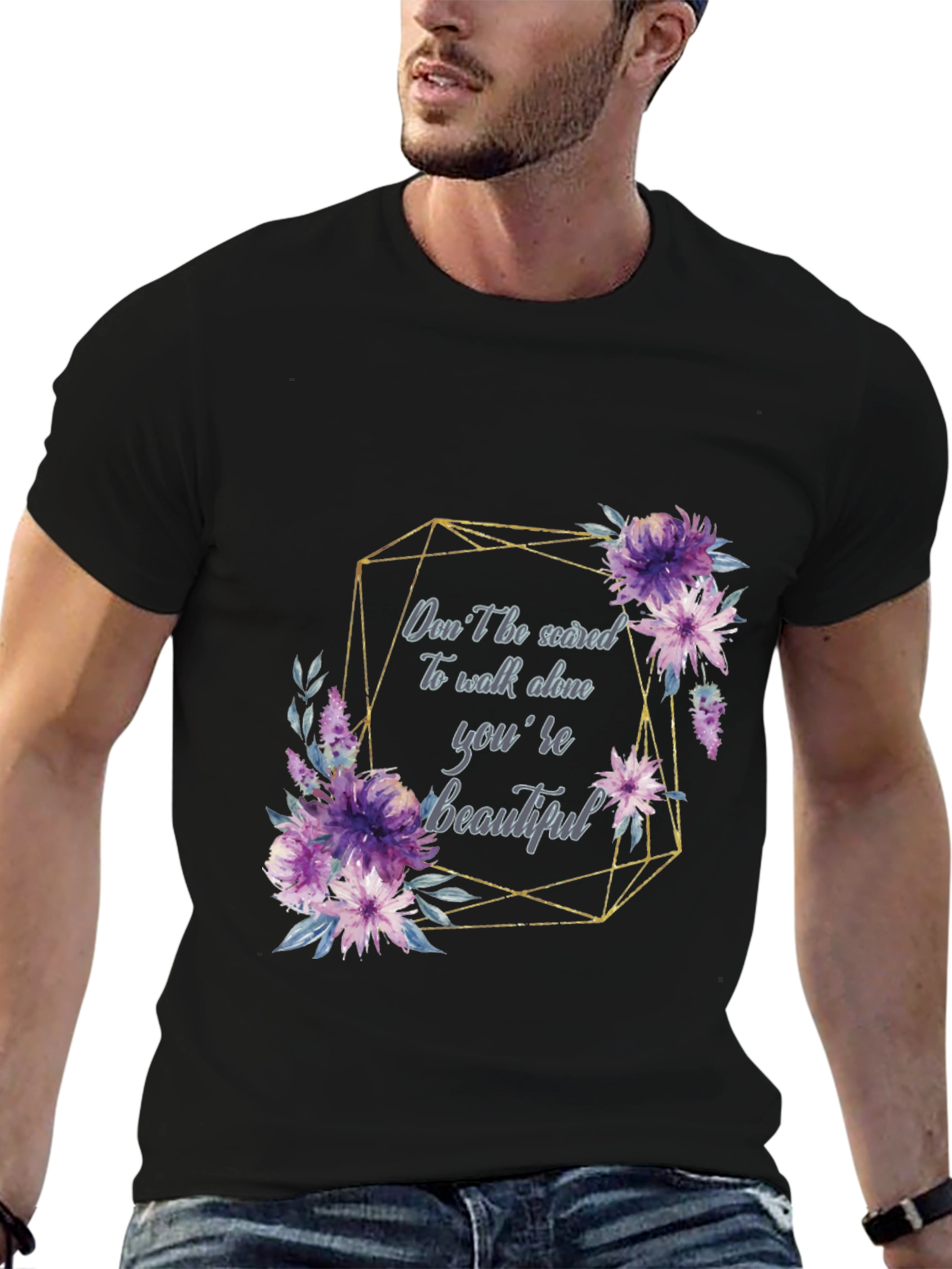 Floral Quote Black T-Shirt for Men - 6