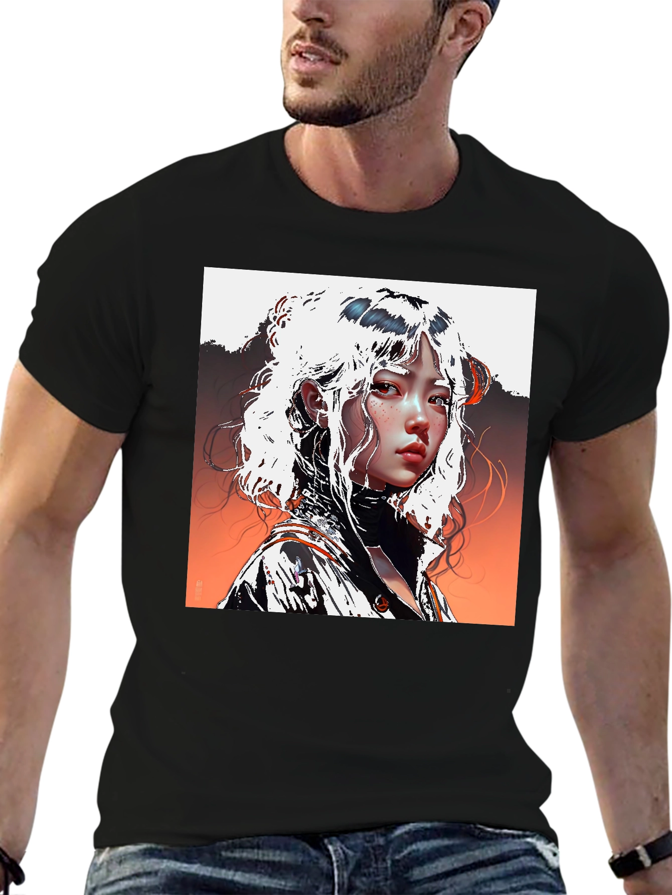 Black Anime Portrait Graphic Tee - Unisex Black T-Shirt view 6