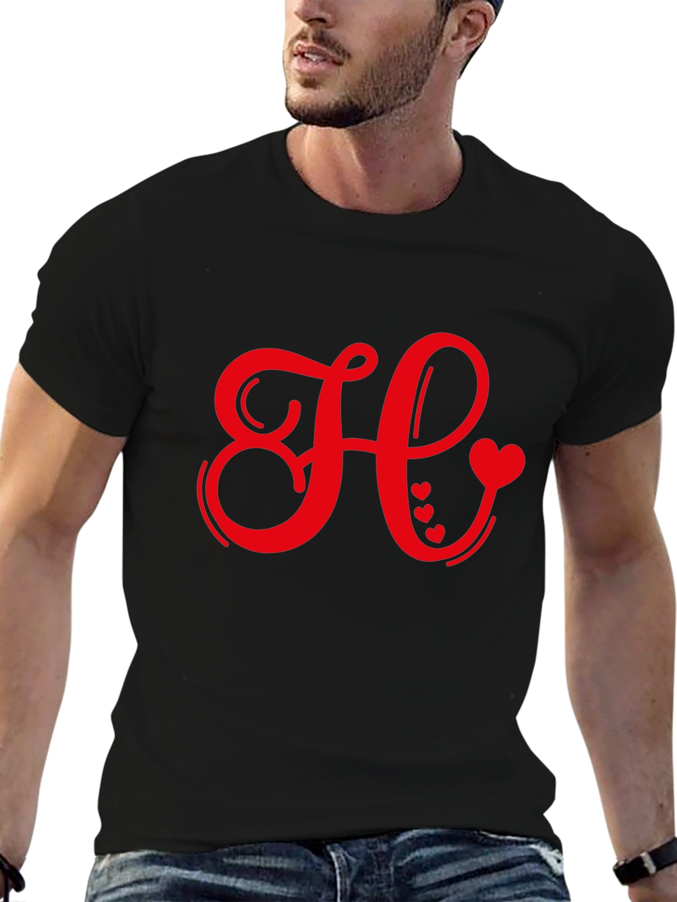 Black Red Heart Initial Letter Black T-Shirt view 6