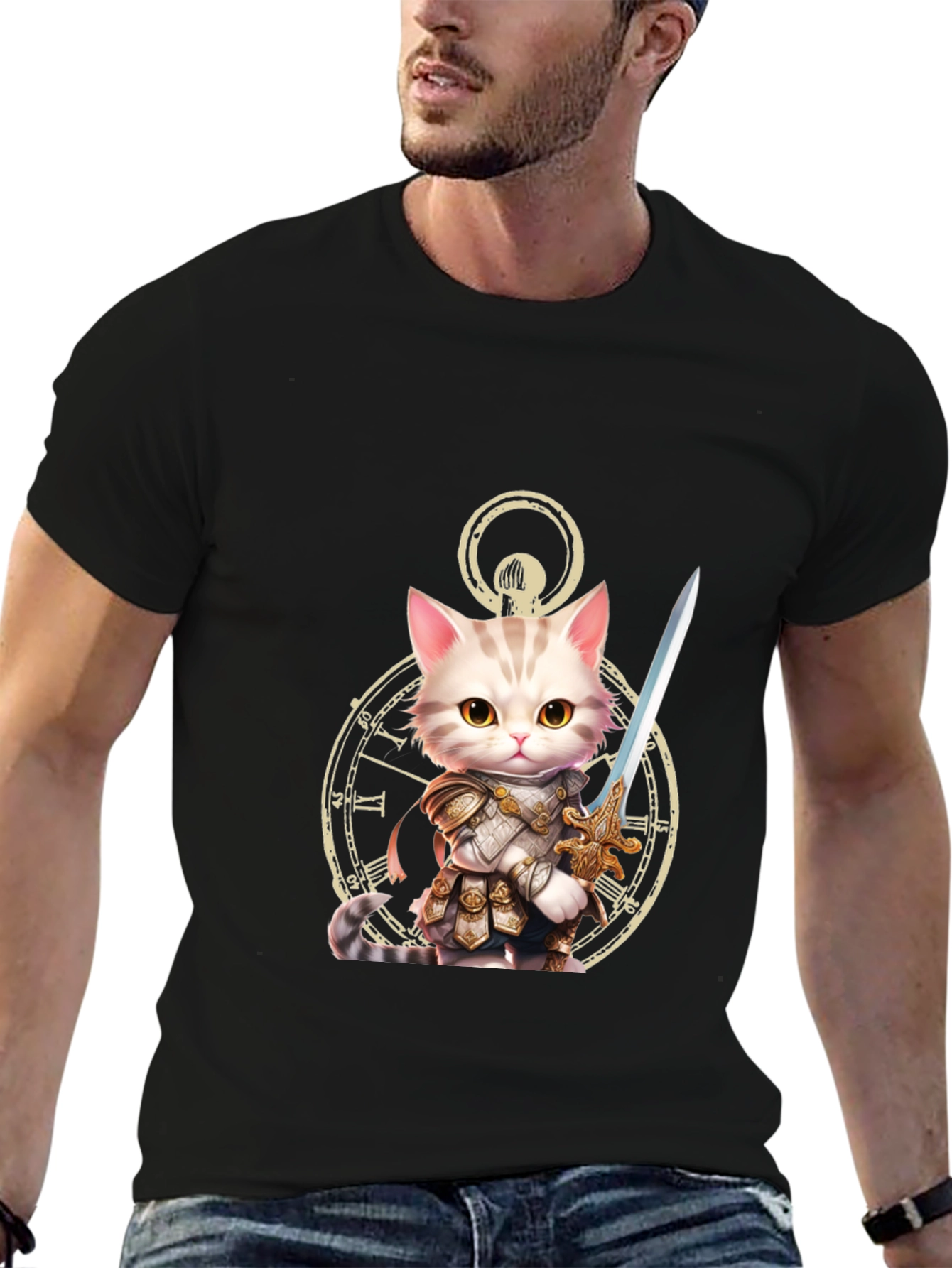 Black Cat Knight T-Shirt - Whimsical Warrior Design view 6
