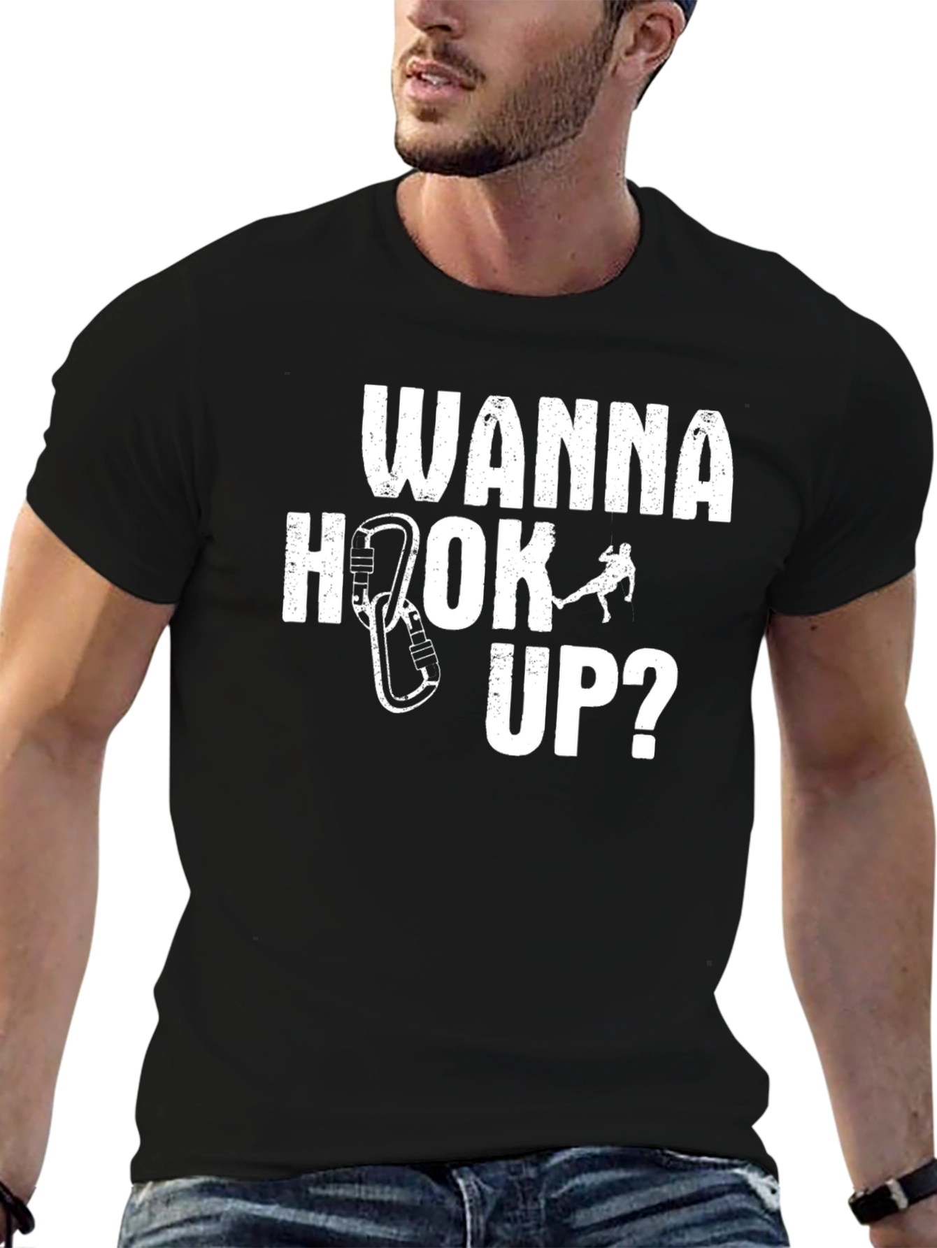 Black Wanna Hook Up Climbing T-Shirt - Funny Climber Tee view 6
