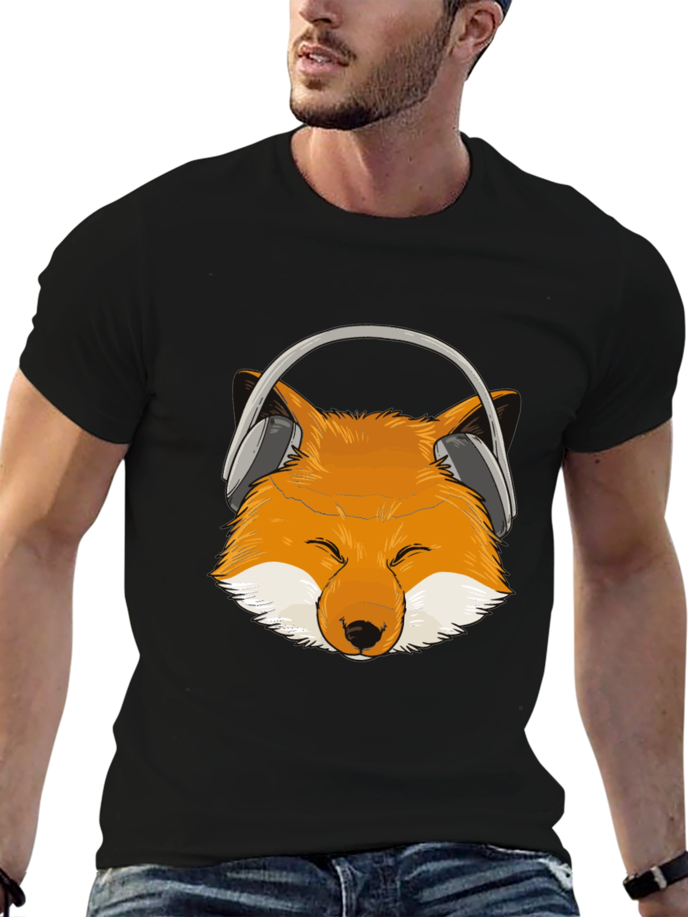 Black Fox Headphone T-Shirt - Cool Animal Design view 6