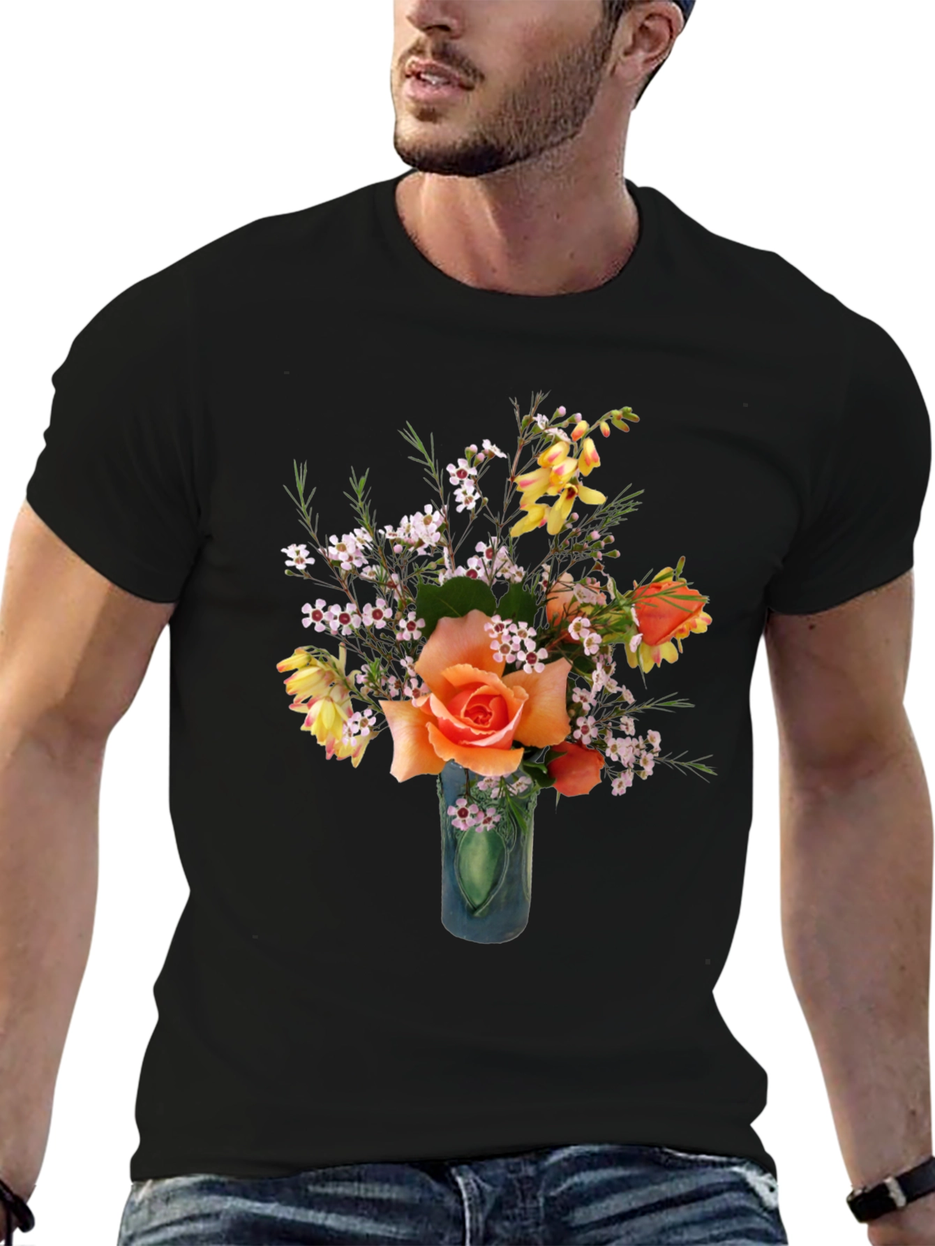Black Floral T-Shirt - Rose Bouquet Graphic Tee view 6