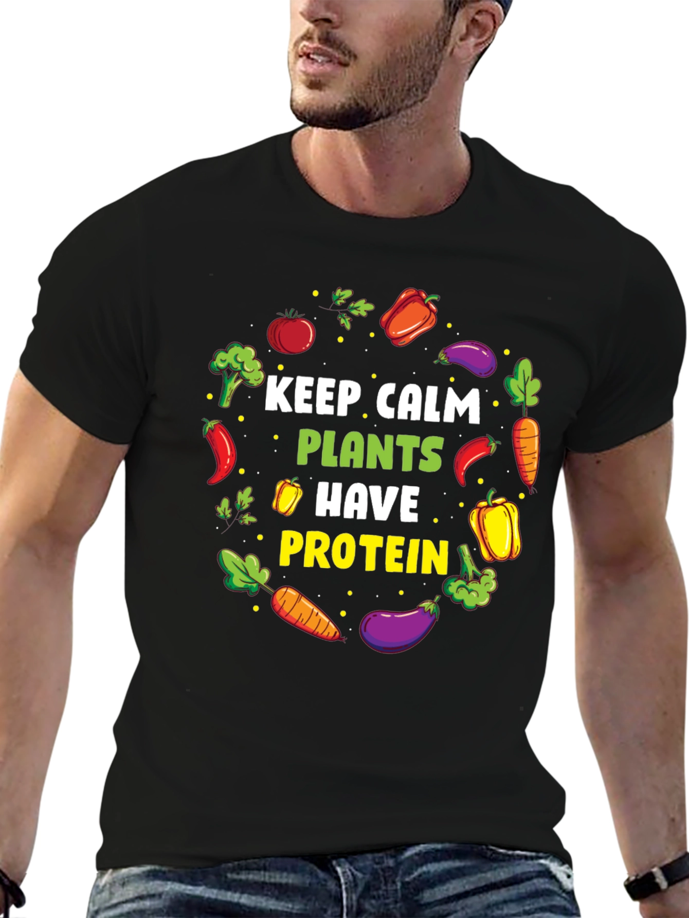 Black Vegan Protein T-Shirt - Keep Calm, Eat Plants view 6