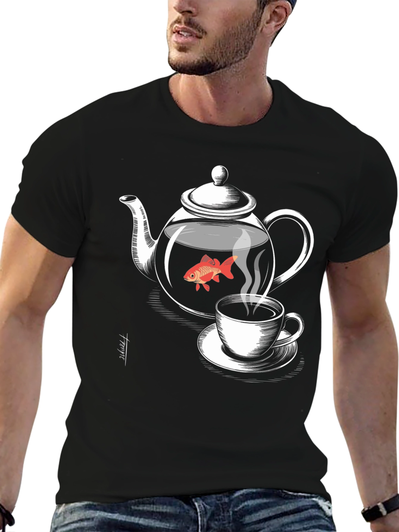 Black Teapot Goldfish Graphic T-Shirt - Unique Design view 6