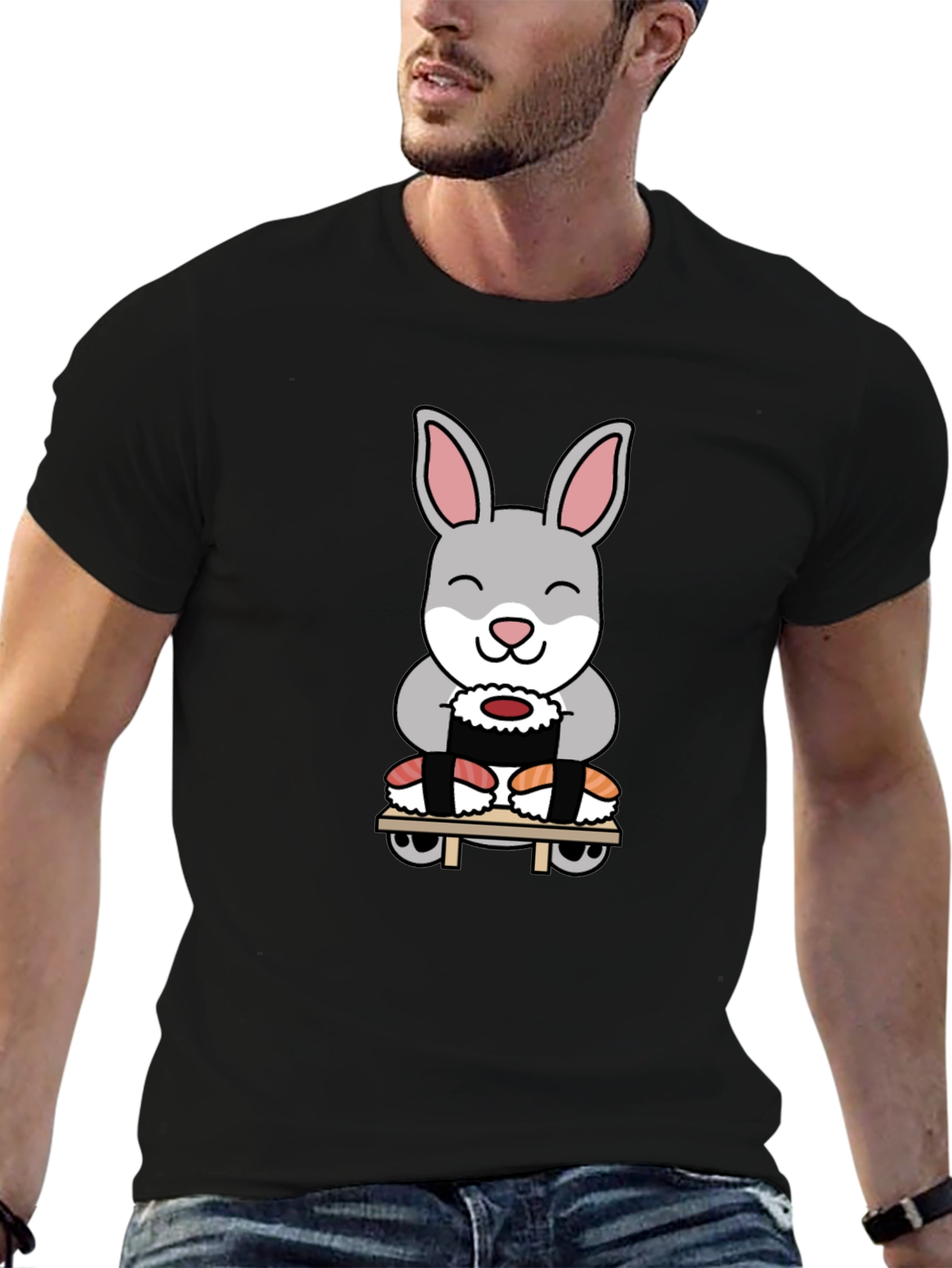 Black Sushi Rabbit Graphic T-Shirt - Black Cotton Blend view 6