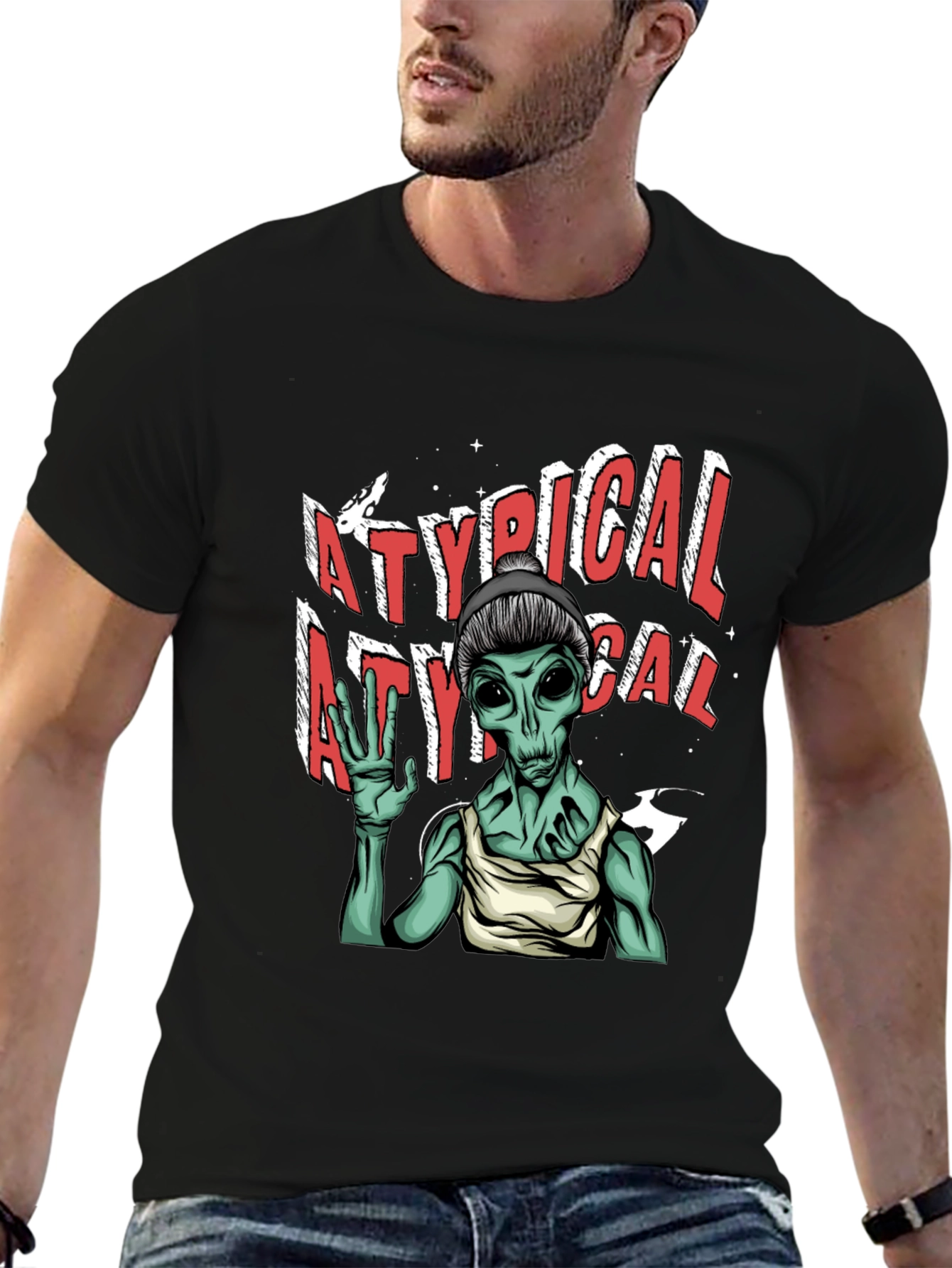 Black Atypical Alien Graphic Tee - Black Cotton T-Shirt view 6