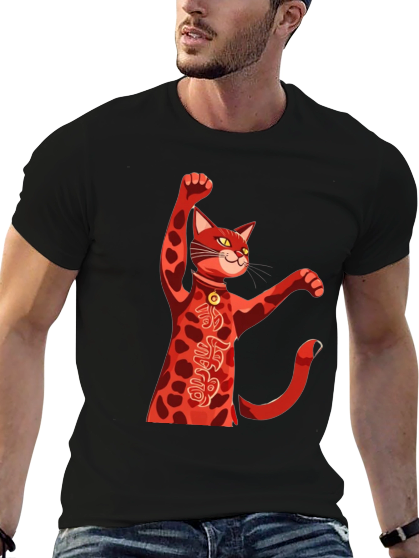 Black Lucky Cat T-Shirt - Red Maneki Neko Graphic Tee view 6