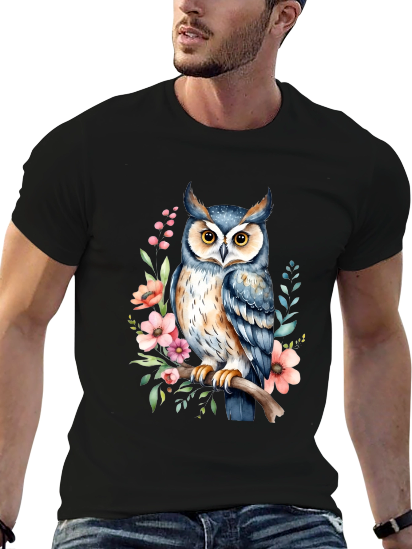 Black Owl Floral Graphic Tee - Black Cotton Casual Shirt view 6