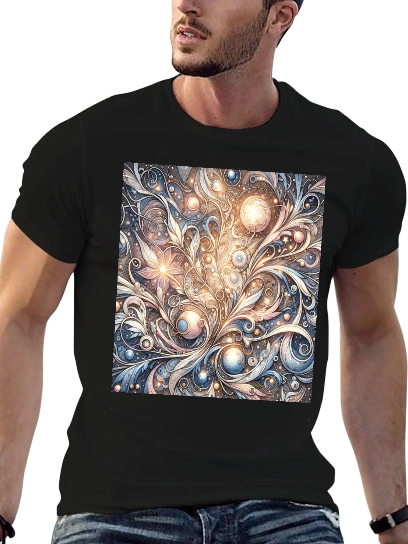 Black Art Nouveau Swirl T-Shirt: Unique Pattern Tee view 6