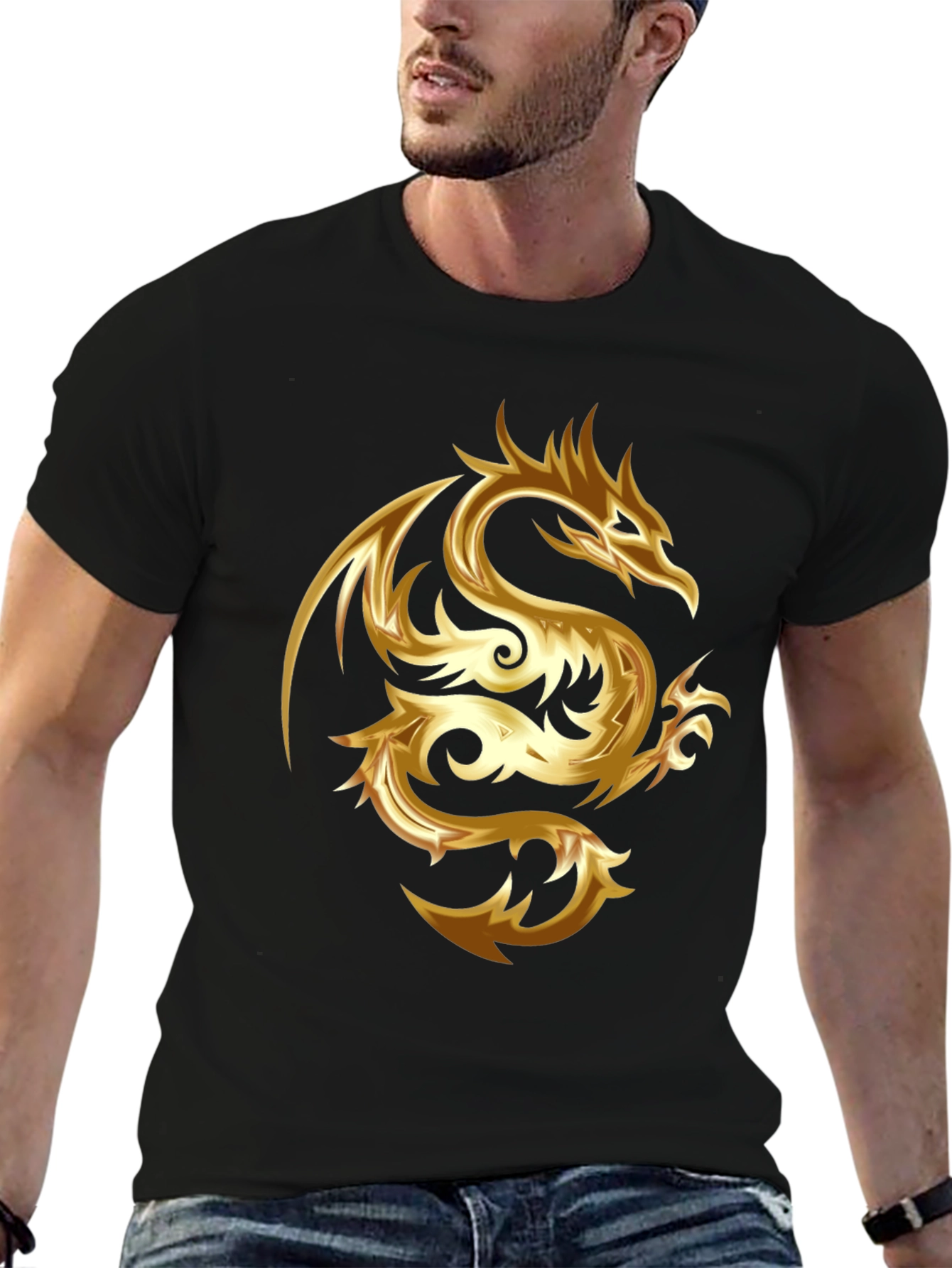 Black Gold Dragon Graphic Tee - Stylish Men's Black T-Shirt view 6