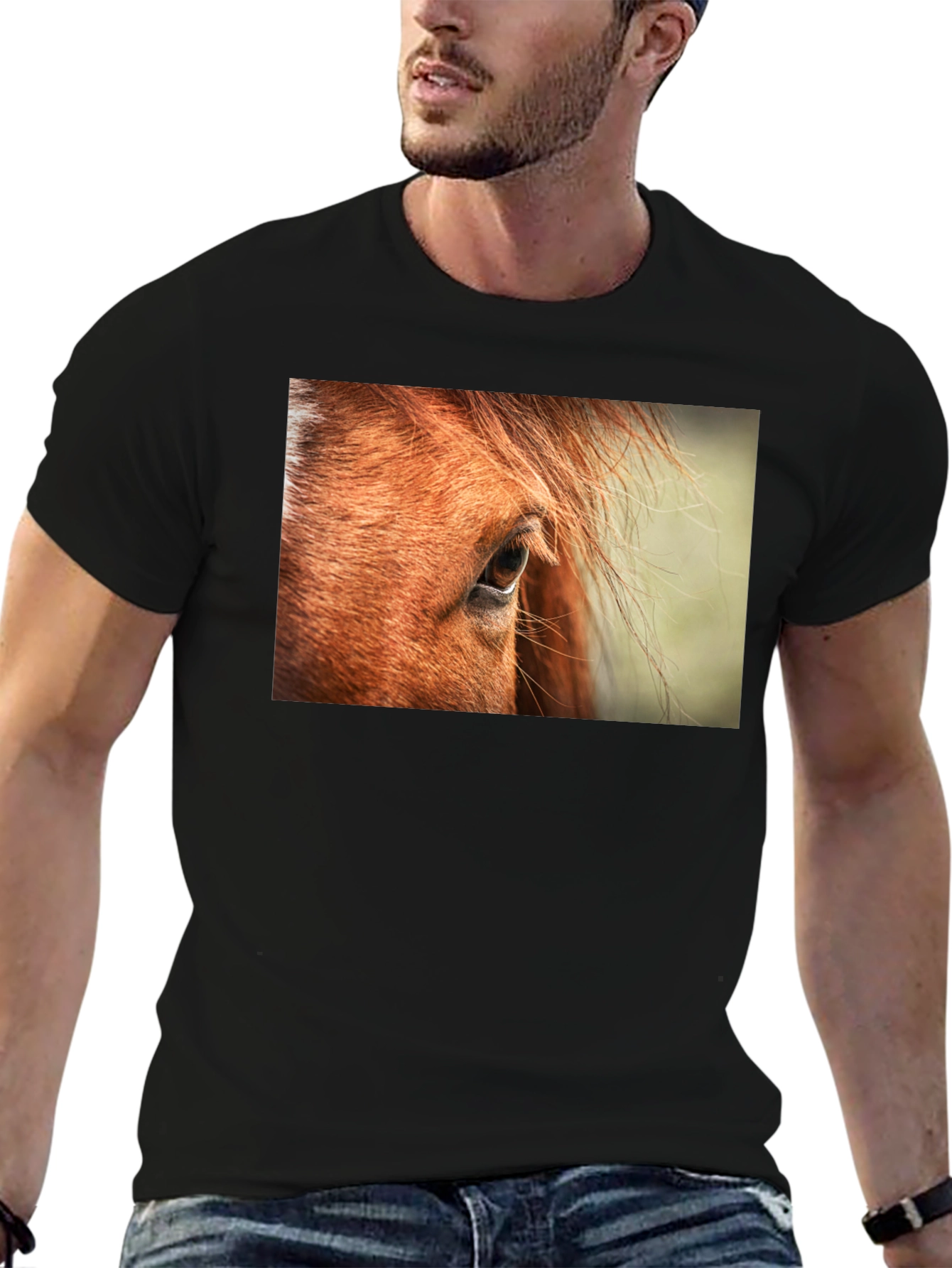 Black Horse Eye Graphic Tee - Unisex Black Cotton Shirt view 6