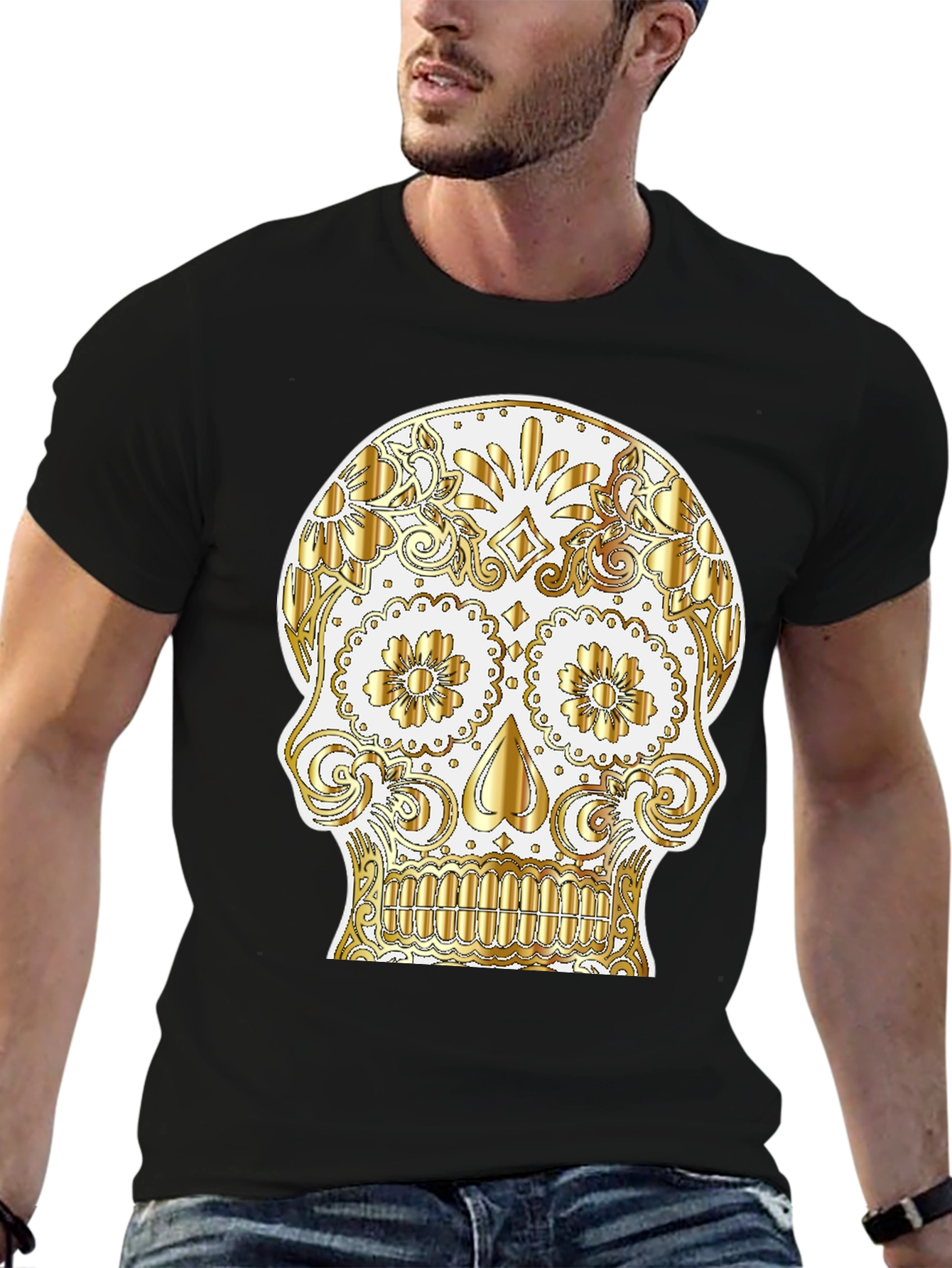 Black Sugar Skull Graphic Tee - Day of the Dead Shirt view 6