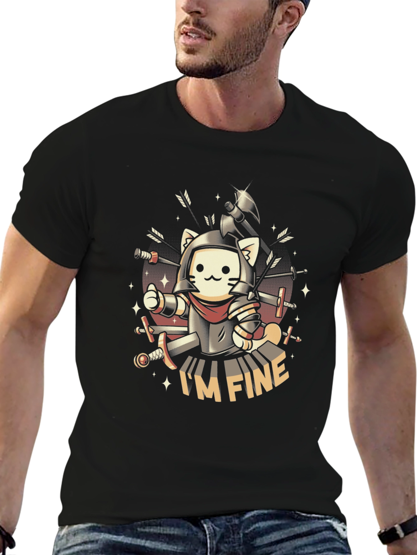 Black I'm Fine Cat Knight T-Shirt view 6