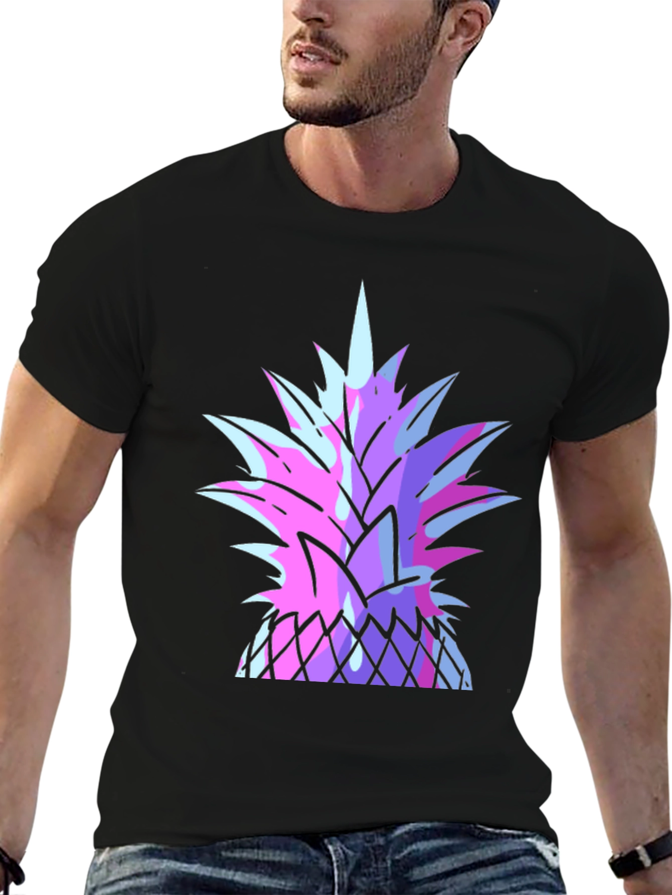 Black Vaporwave Pineapple Graphic Tee - Black Cotton T-Shirt view 6