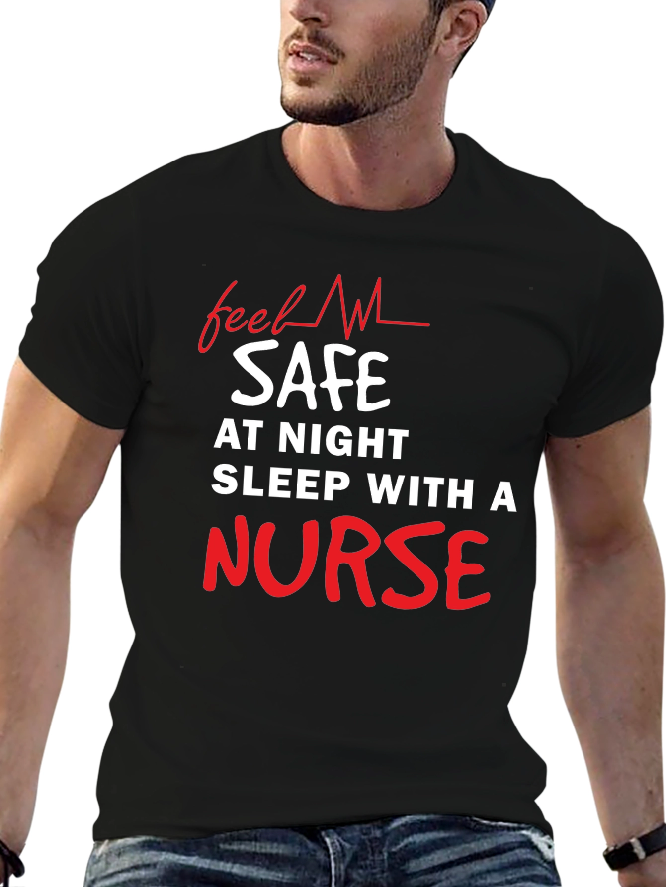 Black Funny Nurse T-Shirt - Feel Safe At Night view 6