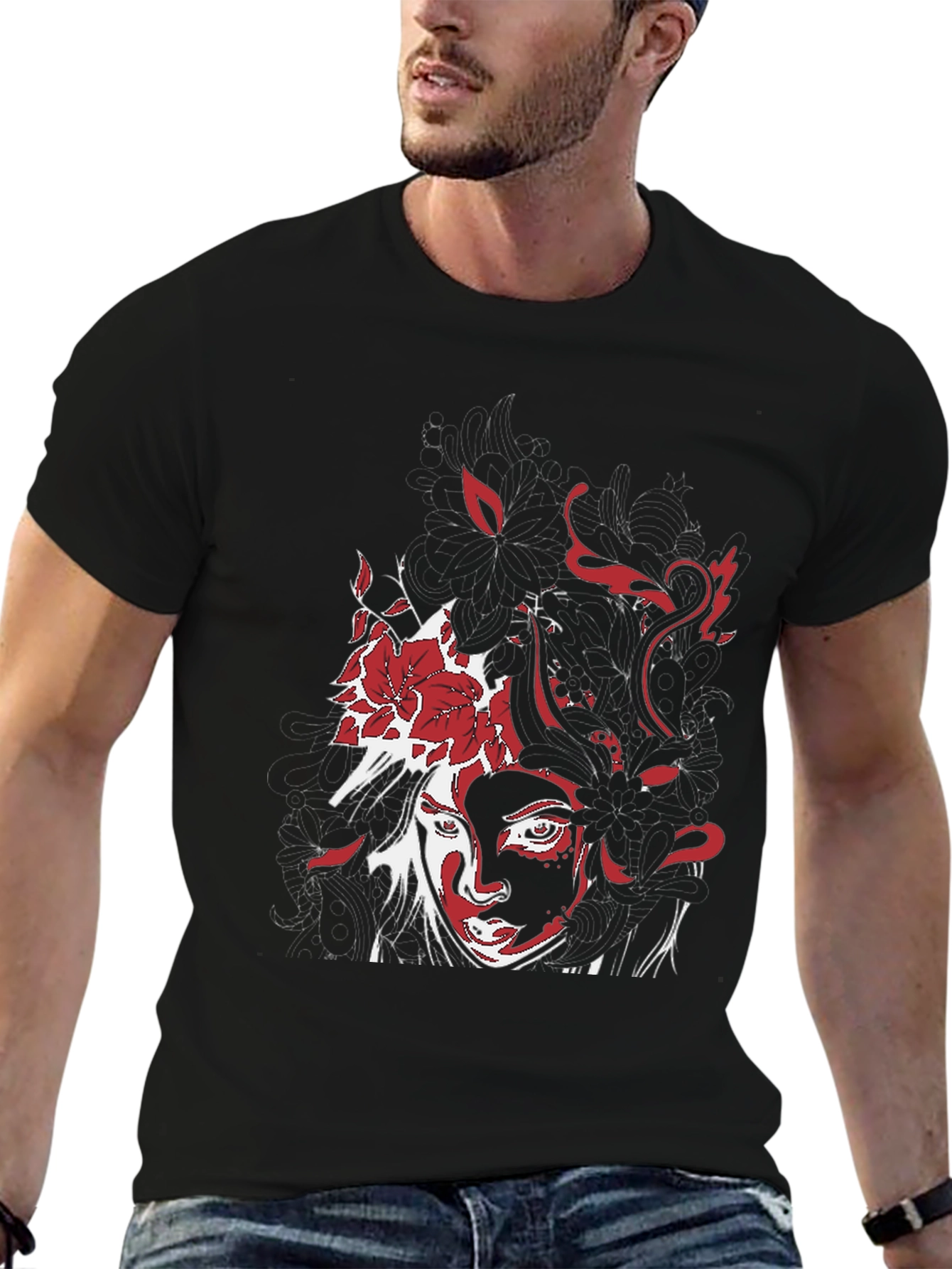 Black Artistic Graphic Print Black T-Shirt view 6