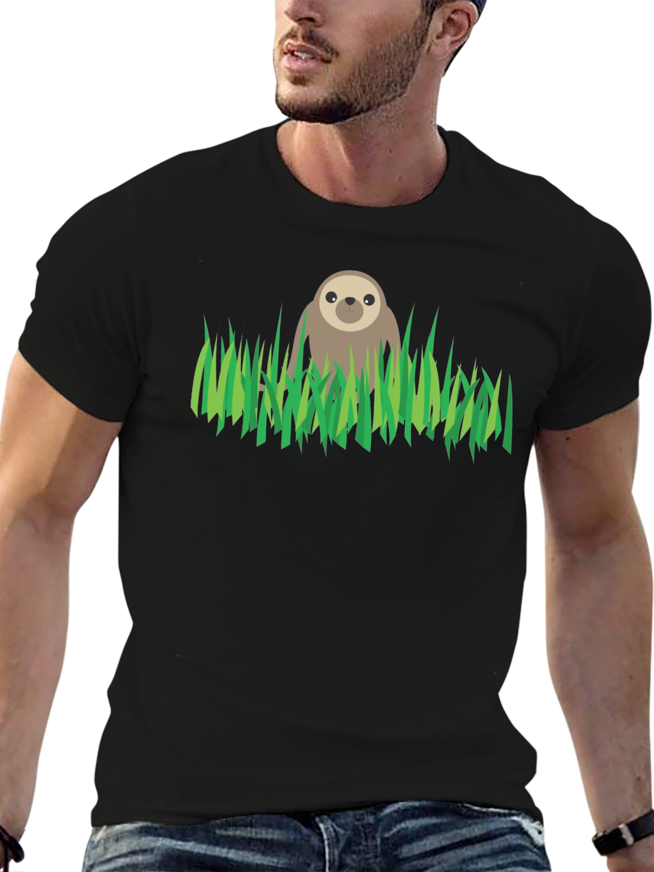 Black Sloth in Grass Graphic Tee - Black Cotton T-Shirt view 6