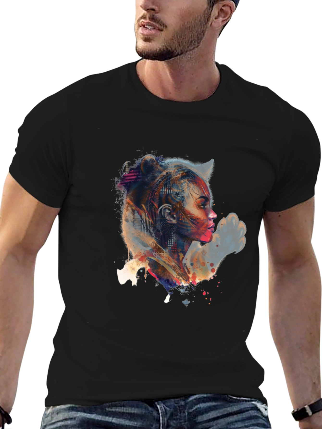 Black Abstract Woman Portrait Graphic Tee view 6