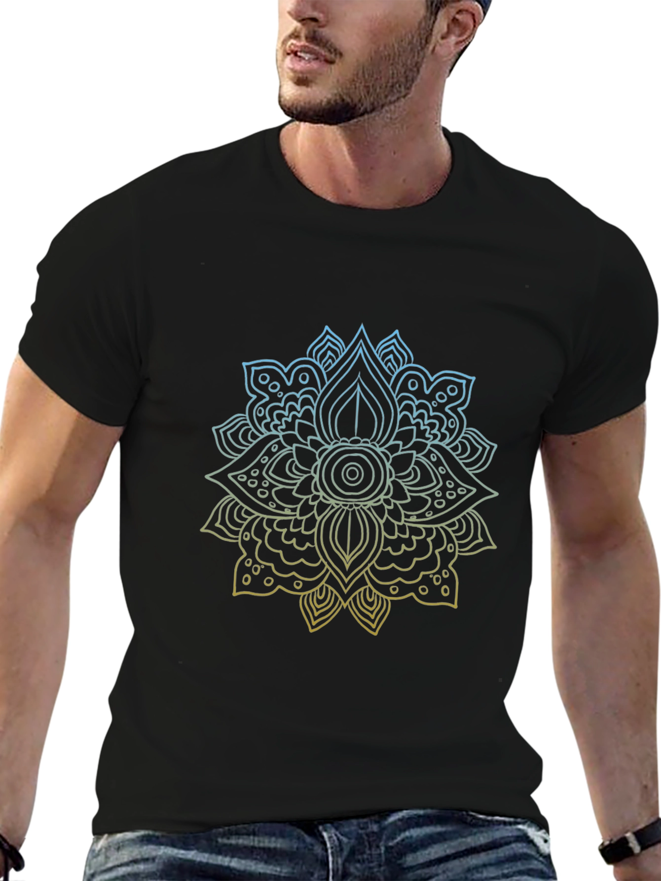 Black Geometric Mandala Print Black T-Shirt view 6