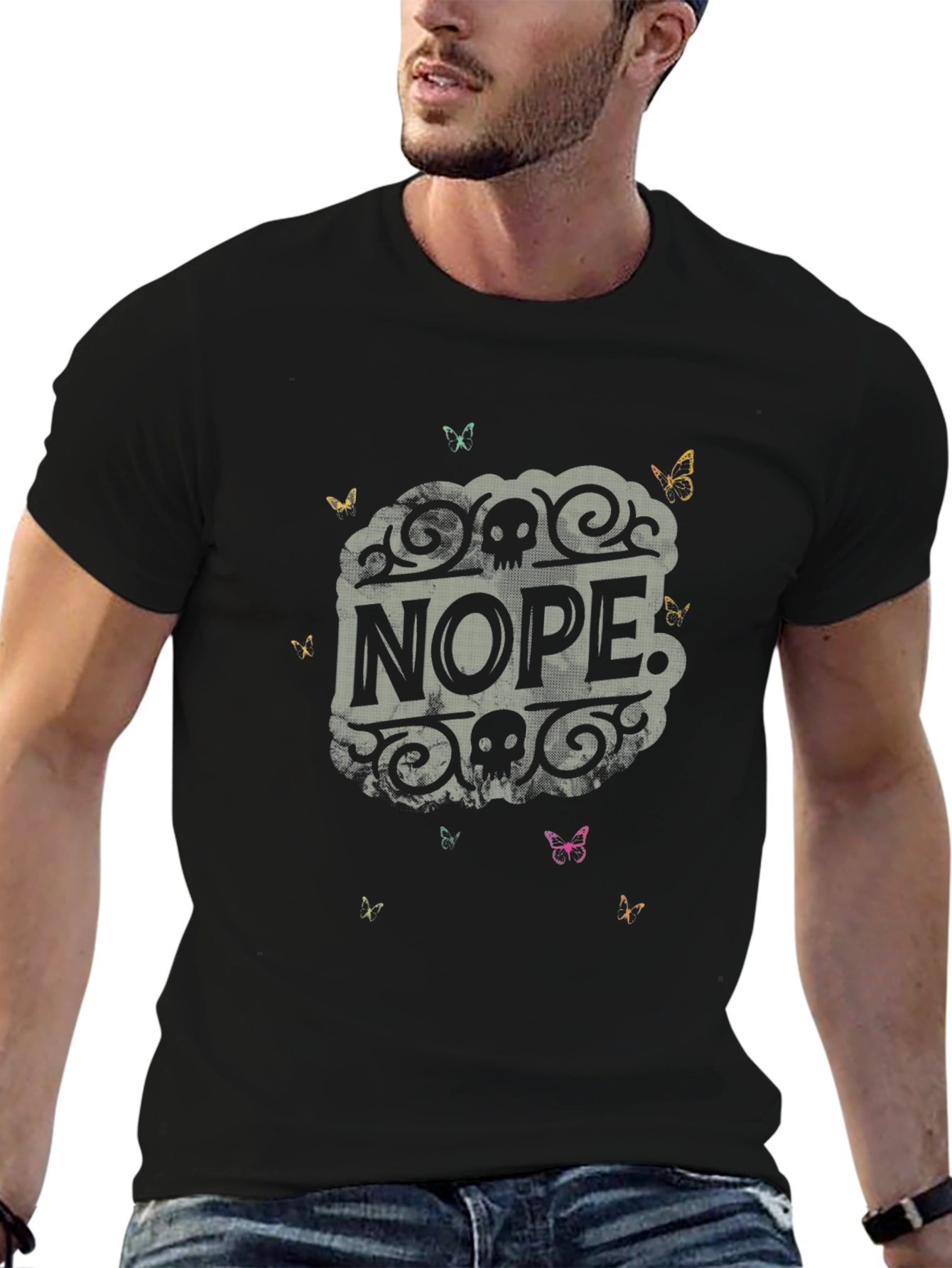 Black Nope Graphic Tee - Skull & Butterfly Design view 6