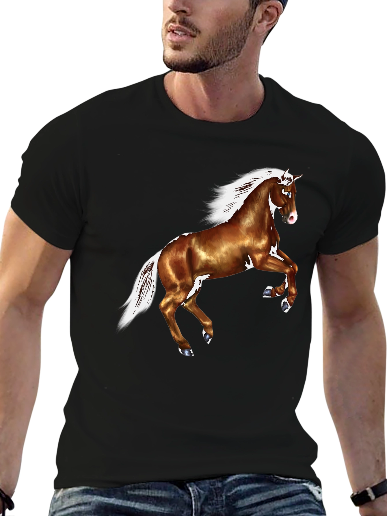 Black Horse Graphic Tee - Black Cotton Casual T-Shirt view 6