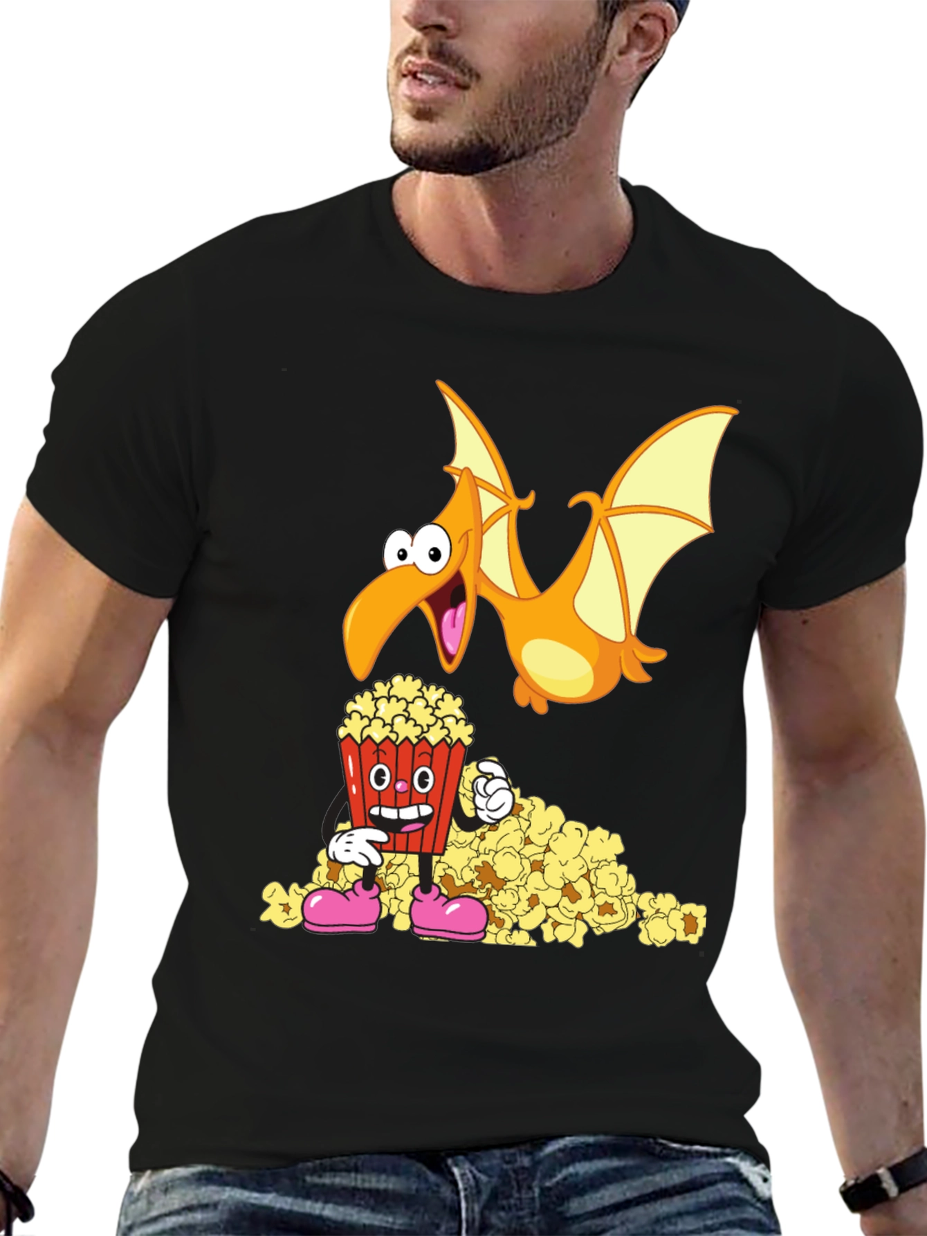 Black Cartoon Pterodactyl & Popcorn Graphic T-Shirt view 6