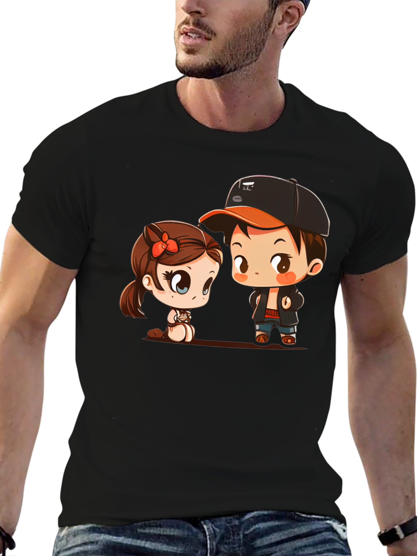 Black Cute Cartoon Couple Black T-Shirt view 6