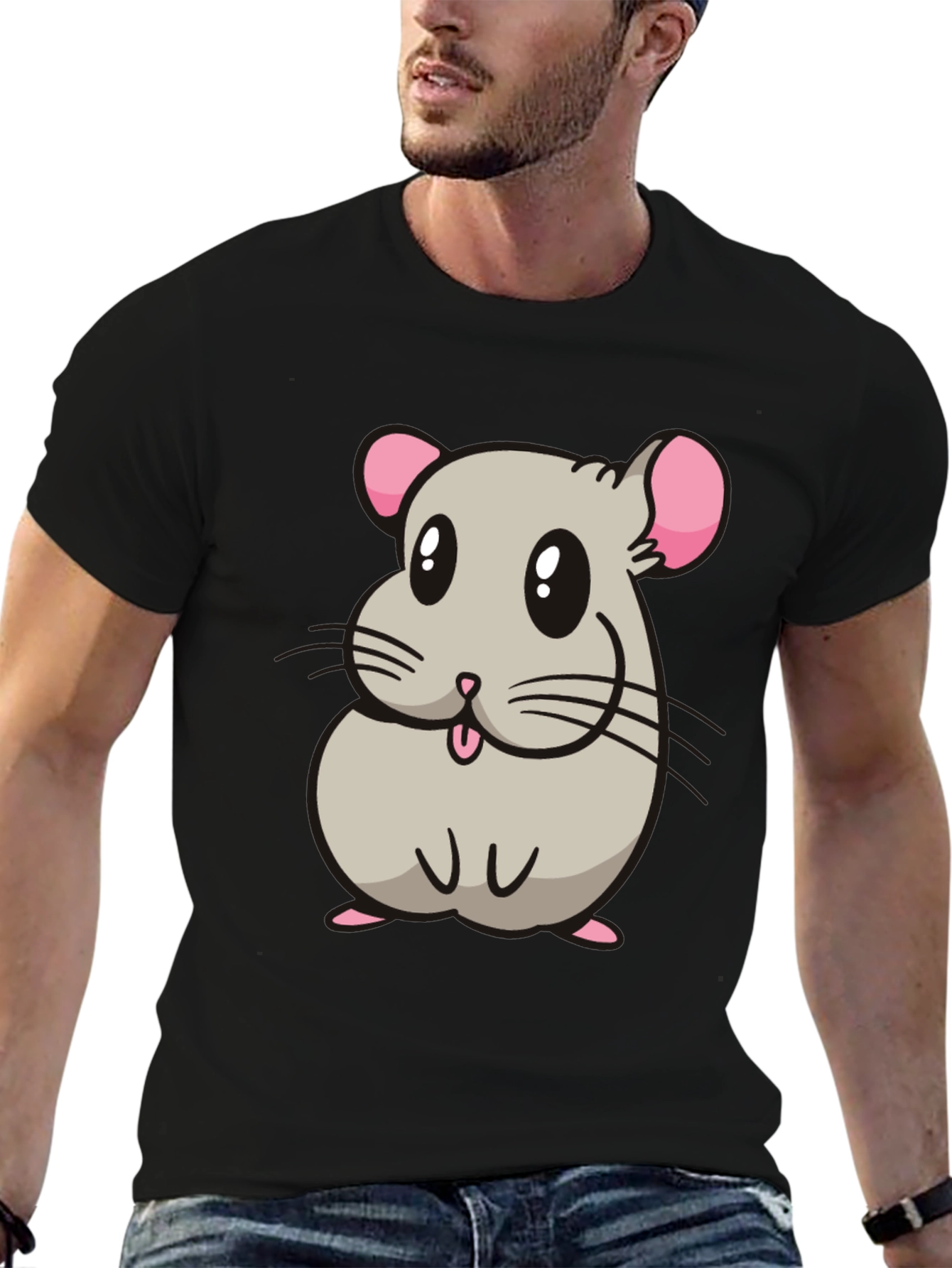 Black Cute Hamster Cartoon Graphic T-Shirt view 6