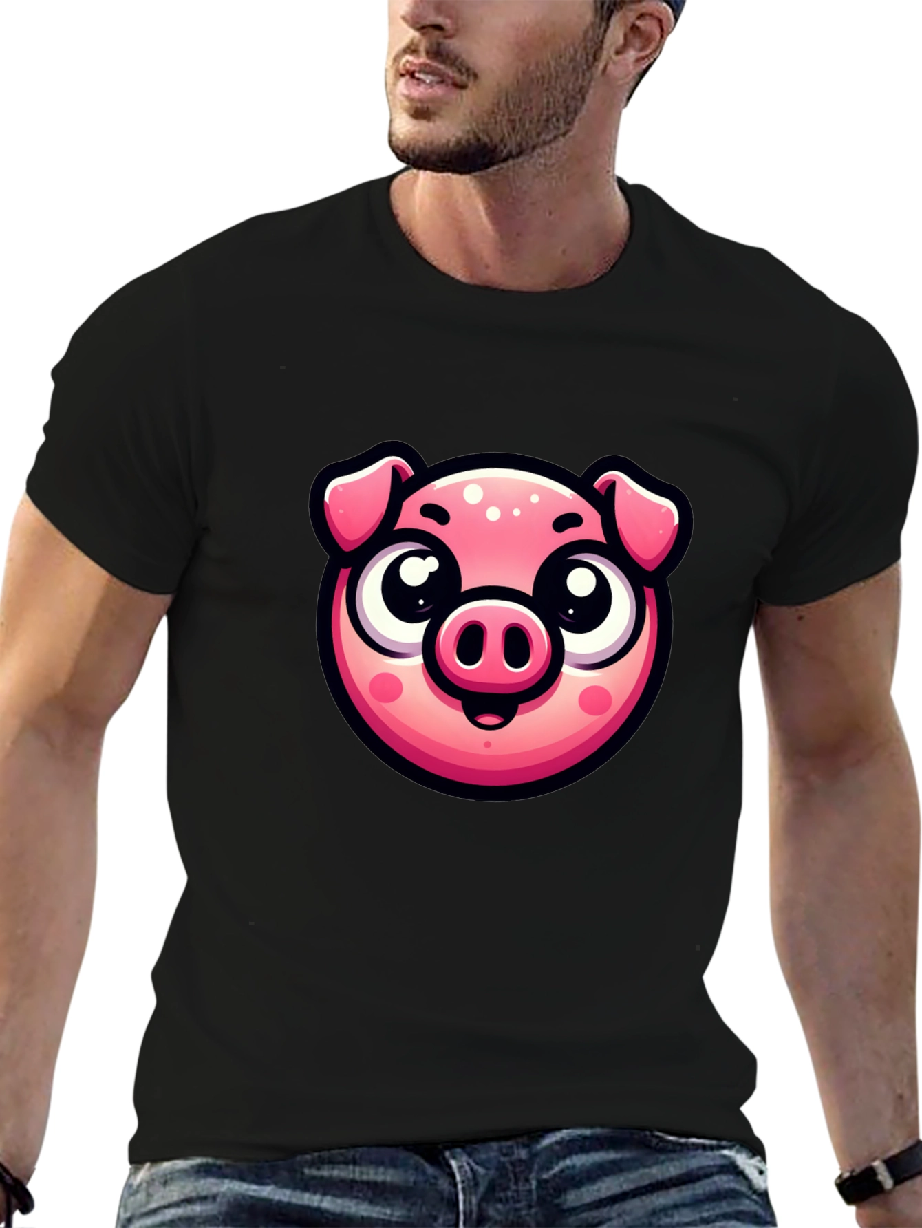 Black Cute Pig Graphic Print Black T-Shirt view 6