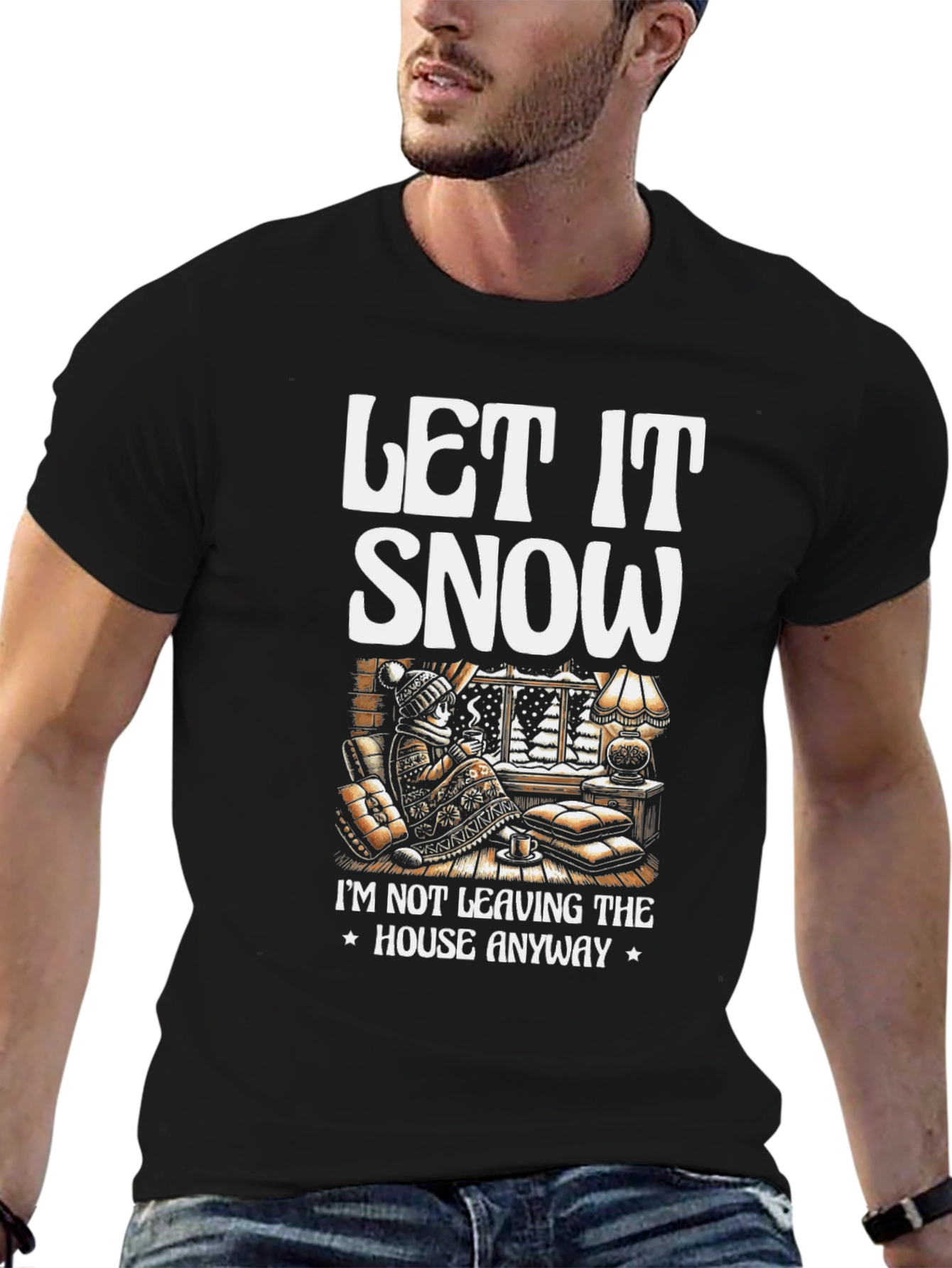 Black Let It Snow T-Shirt Winter Cozy Cabin Black Tee view 6