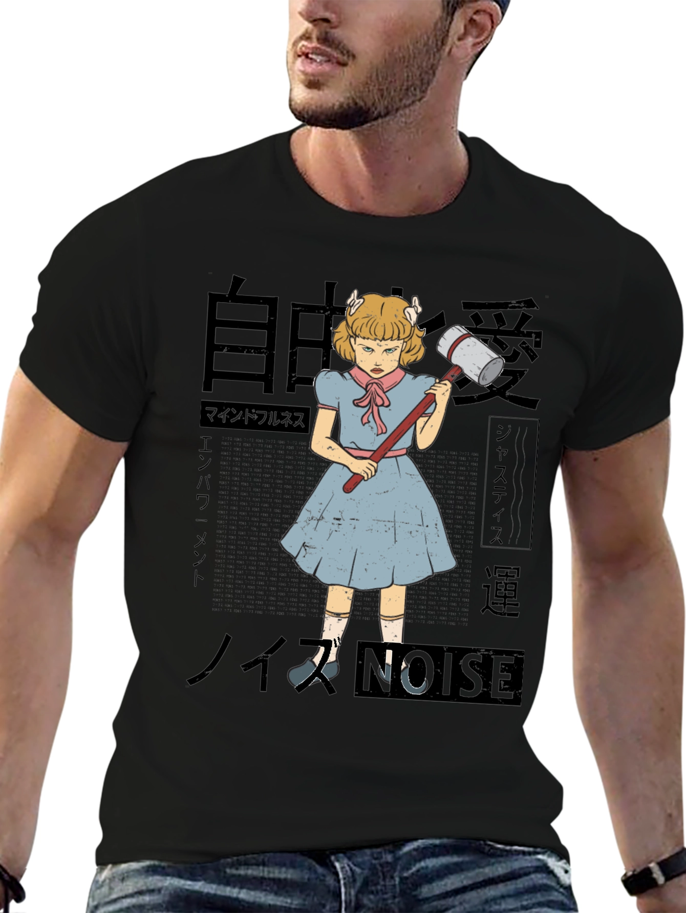 Black Anime Girl with Hammer Graphic Tee view 6