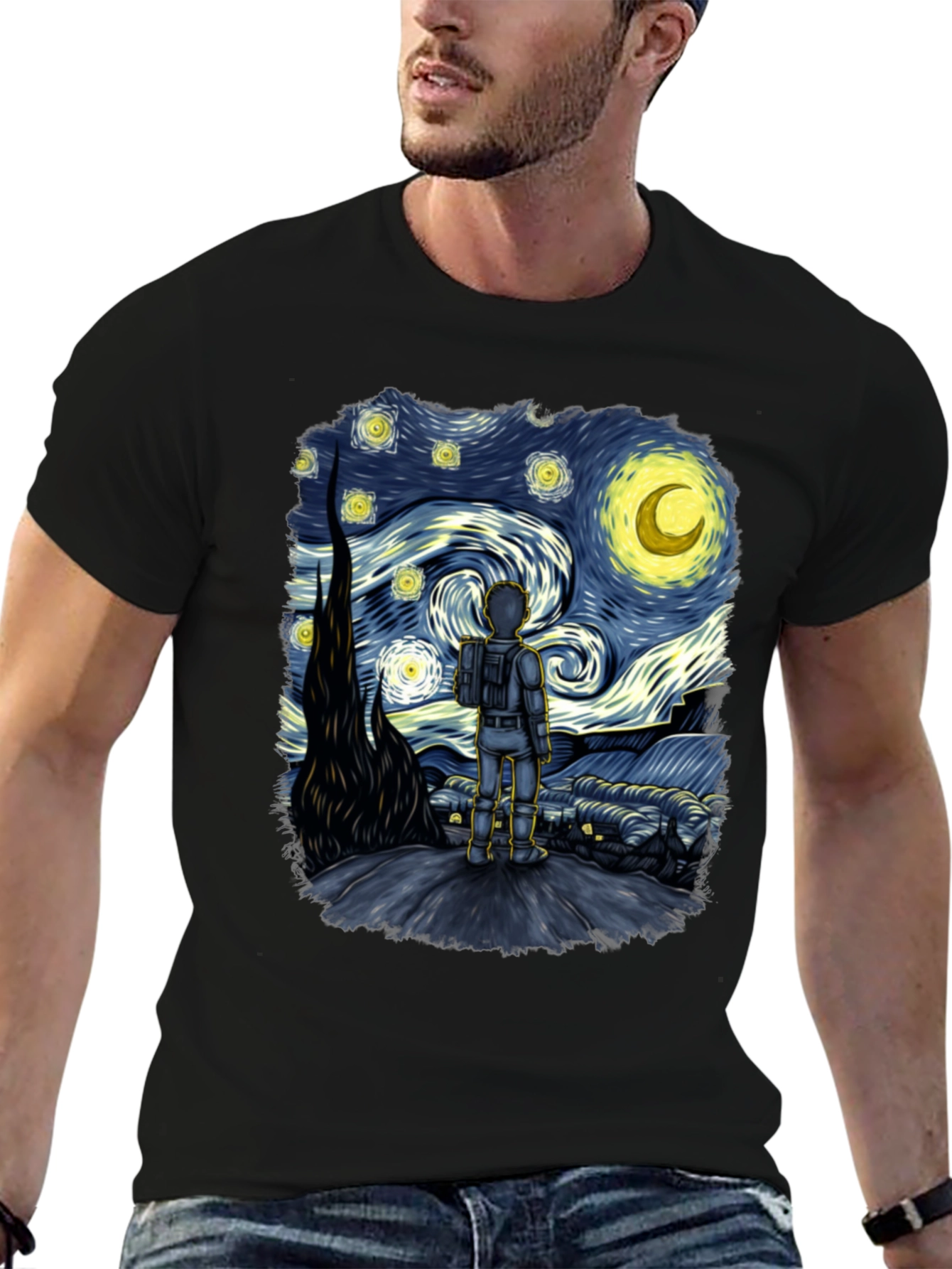 Black Starry Spaceman T-Shirt: Unique Art Tee view 6