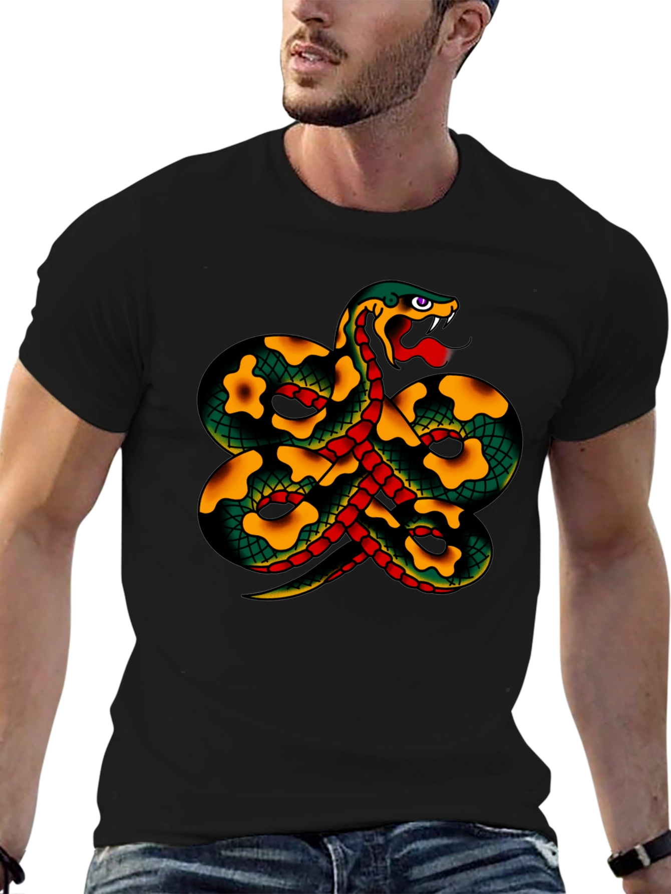 Black Snake Tattoo Style Graphic Black T-Shirt view 6