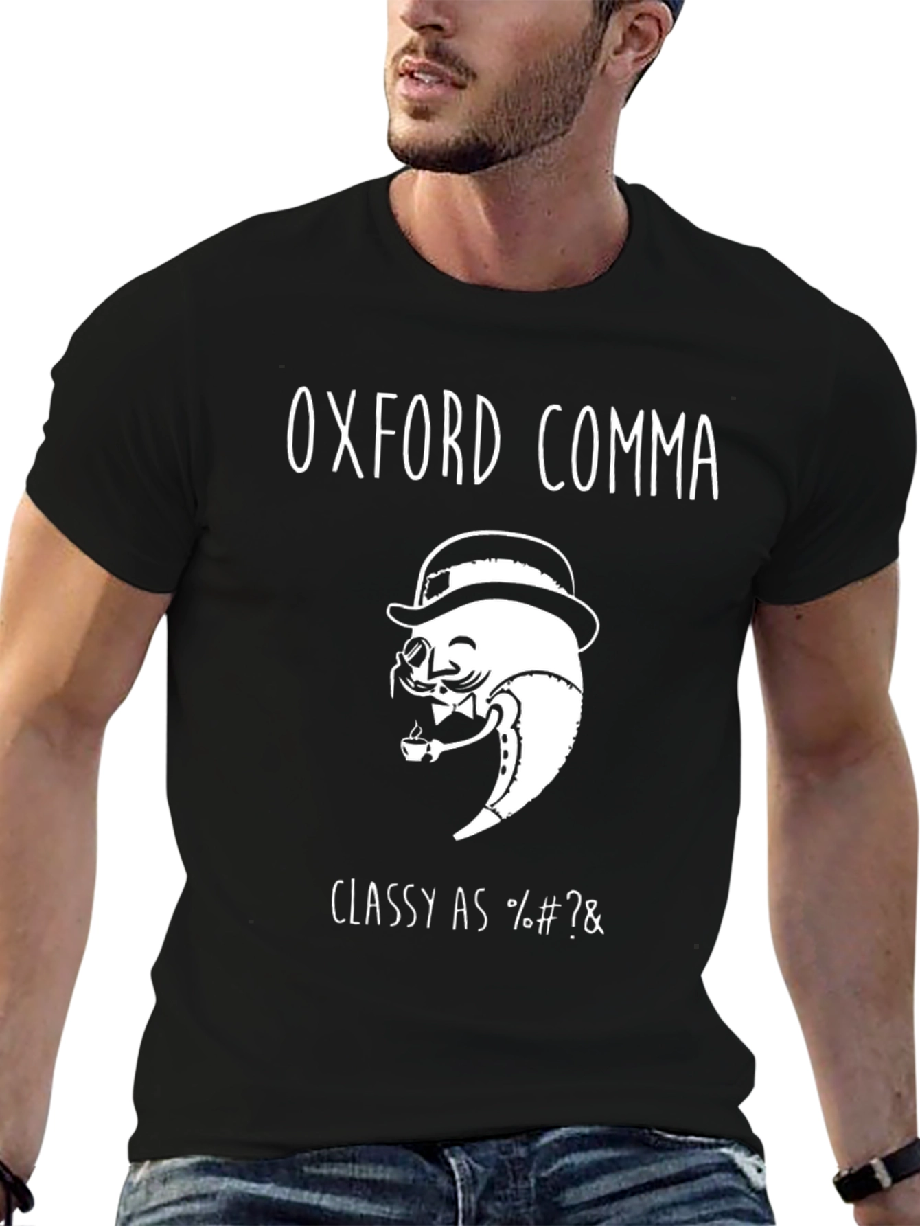 Black Oxford Comma T-Shirt - Classy Grammar Humor view 6