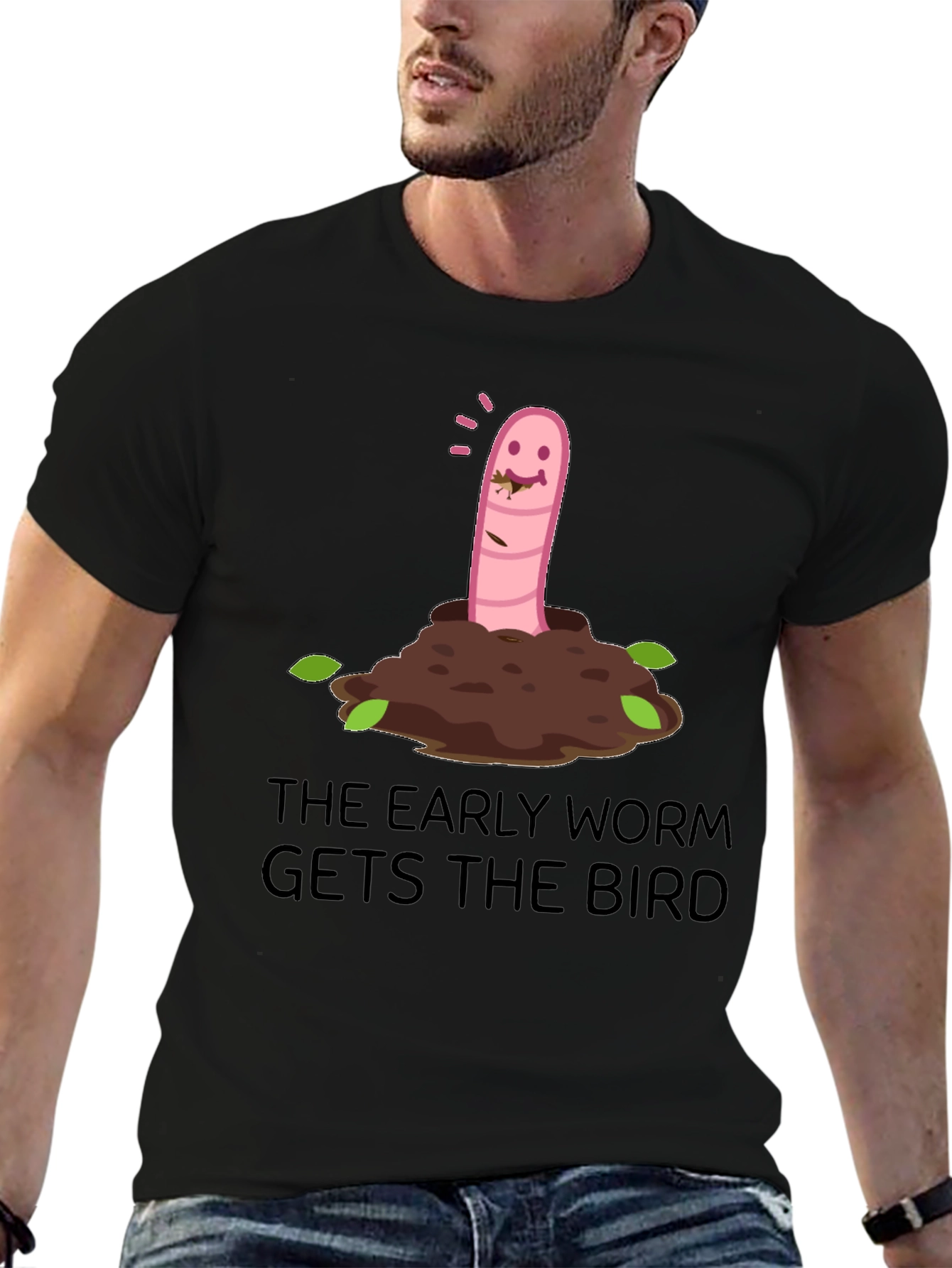 Black Early Worm Gets the Bird Graphic T-Shirt view 6