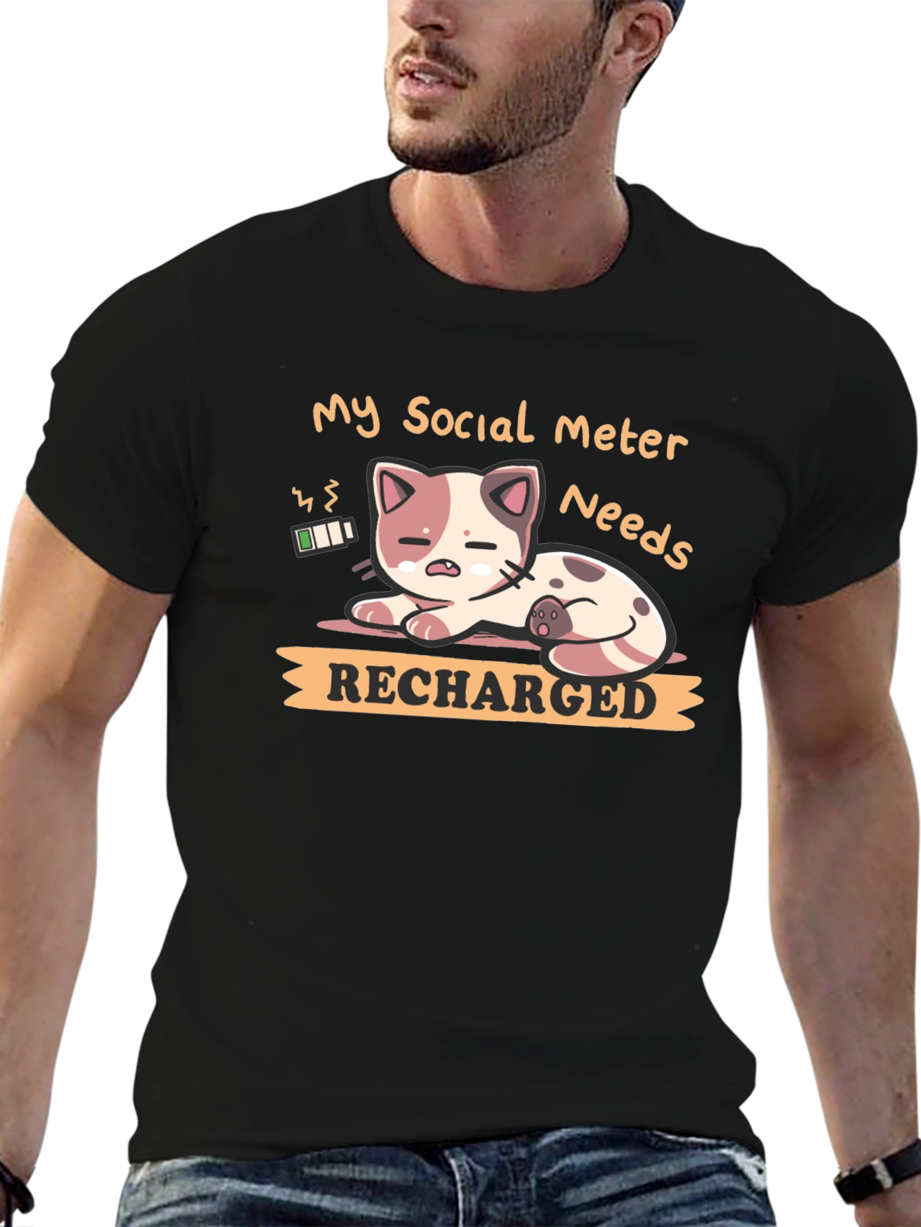 Black Social Meter Recharge Cat Graphic T-Shirt view 6