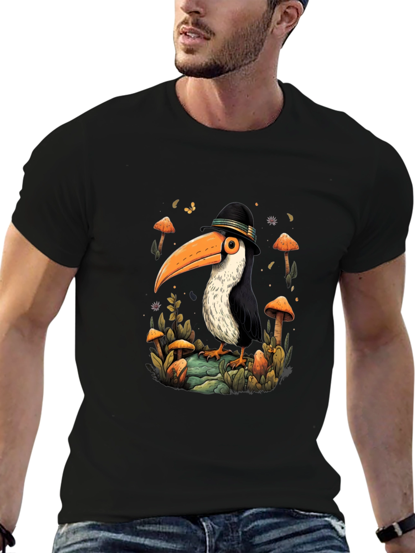 Black Whimsical Toucan T-Shirt - Mushroom Forest Design view 6