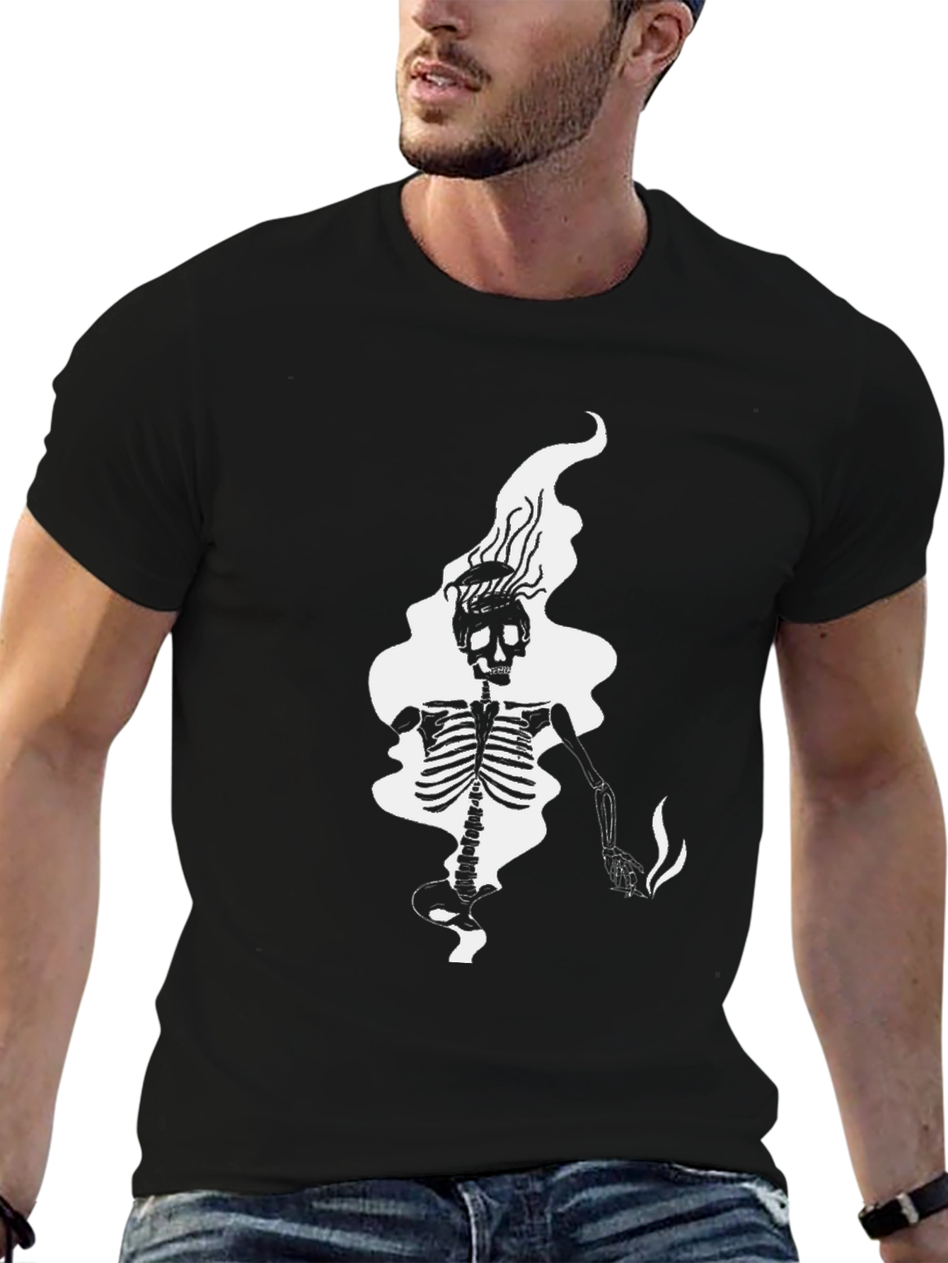 Black Skeleton Smoke Graphic Tee - Black Cotton Blend view 6