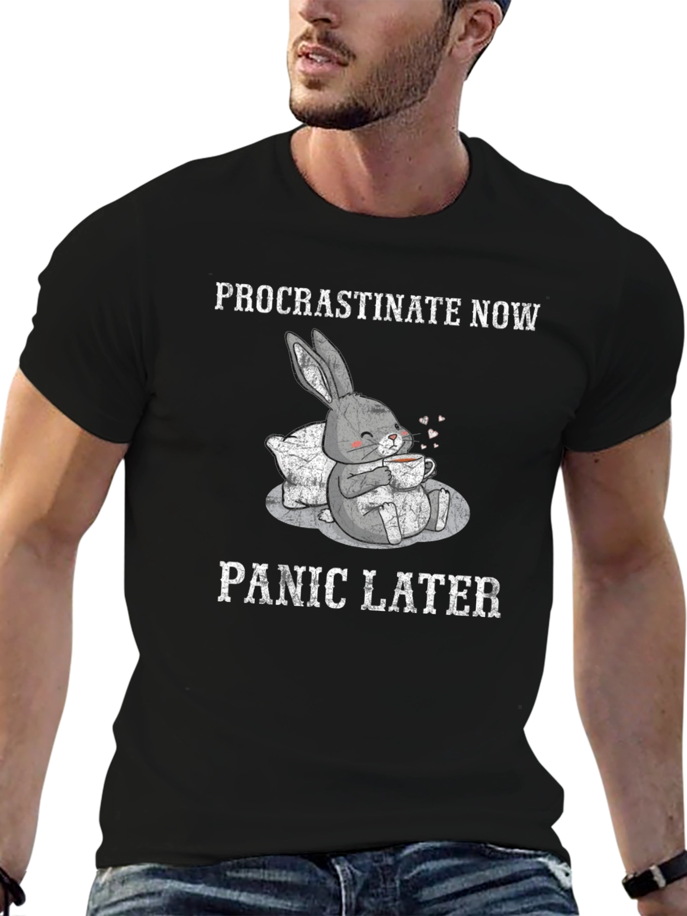 Black Procrastinate Now Panic Later Funny Rabbit T-Shirt view 6