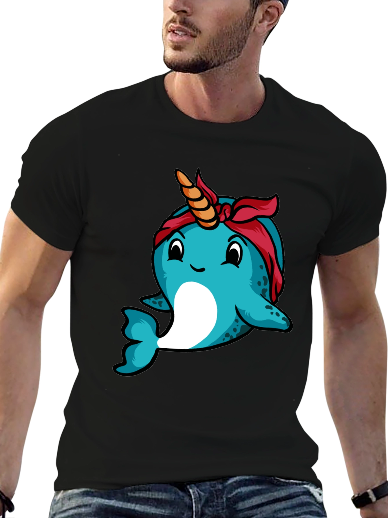 Black Narwhal T-Shirt: Unique Cartoon Bandana Graphic Tee view 6