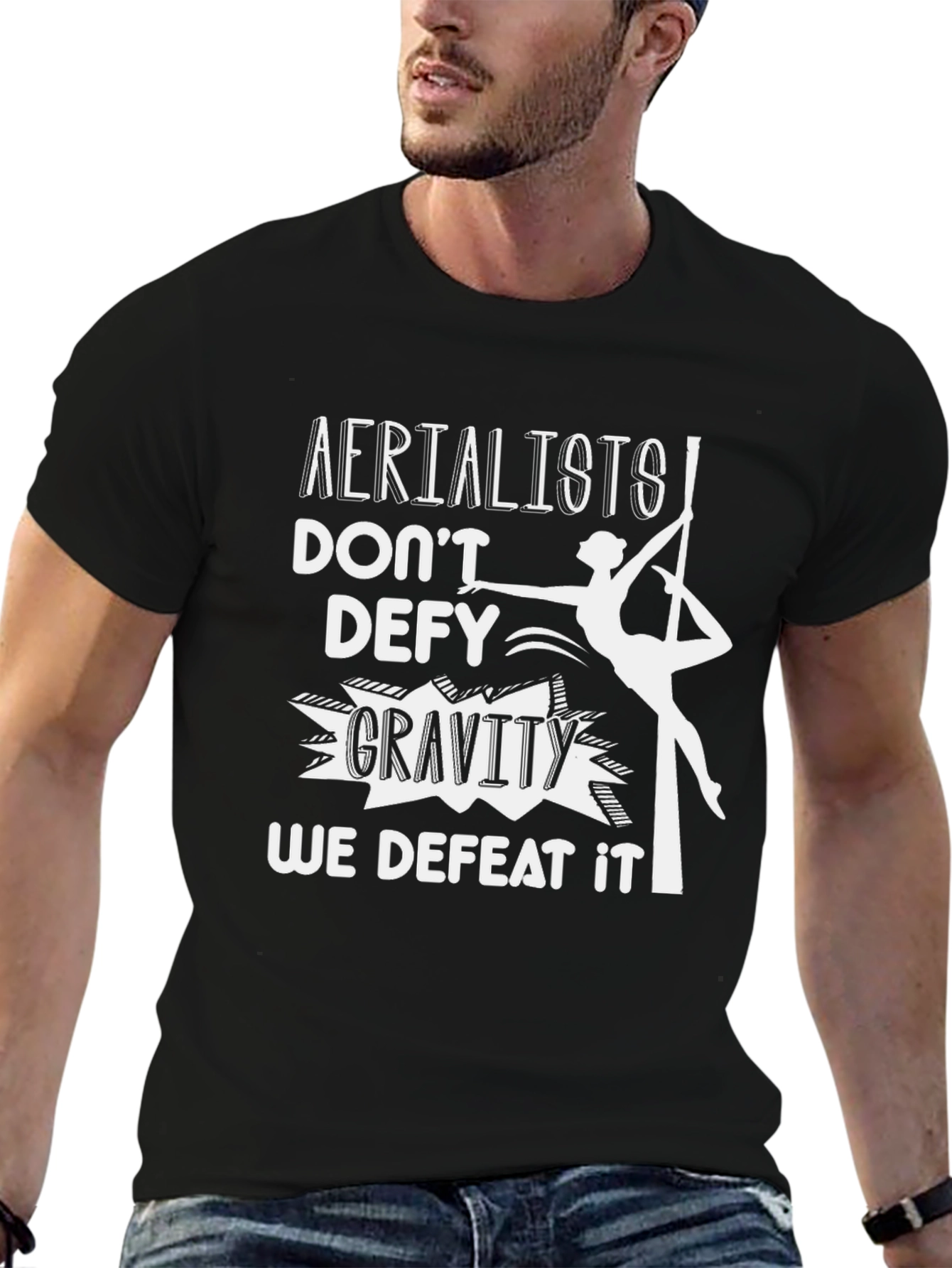 Black Aerialist Defeat Gravity Graphic Tee - Black Cotton T-Shirt view 6