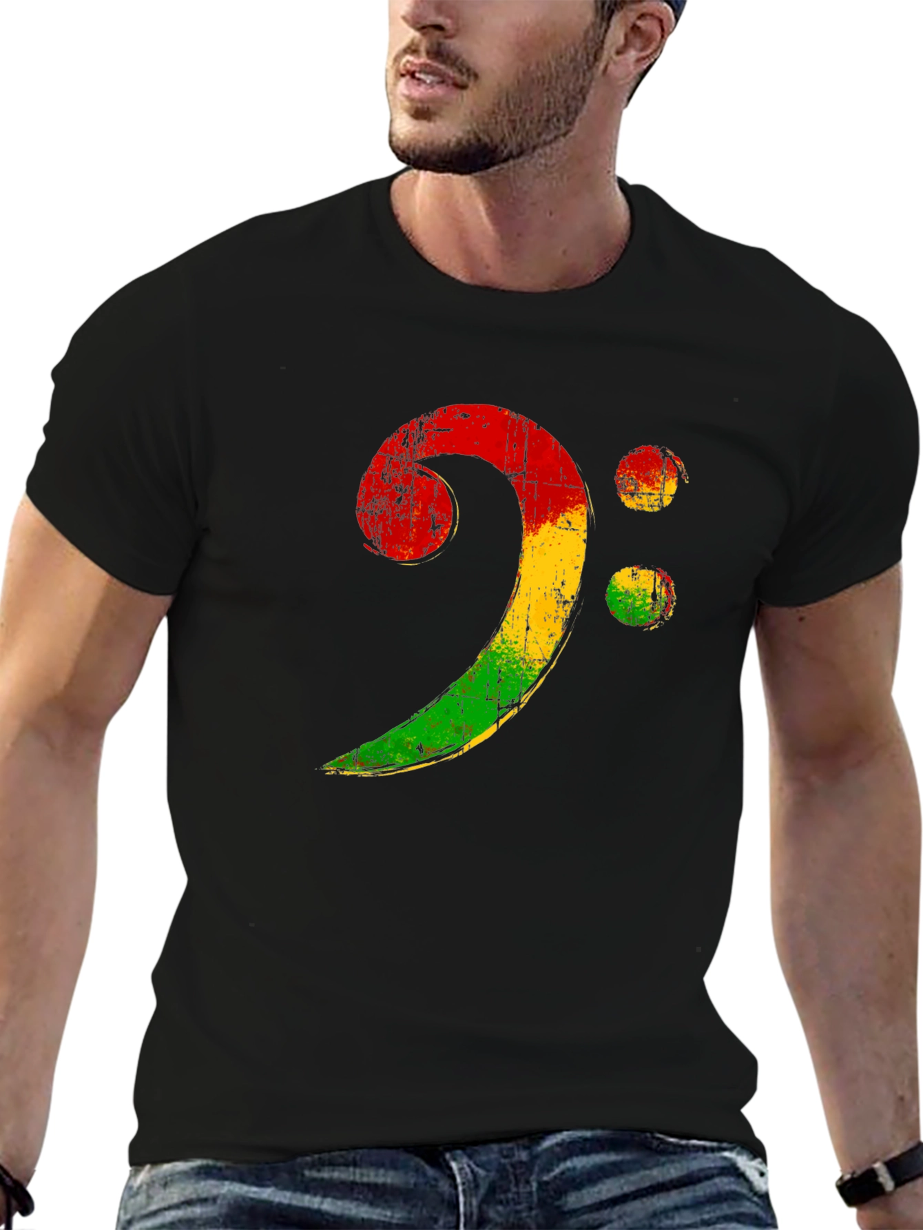 Black Rasta Bass Clef Graphic Tee - Reggae Music Shirt view 6
