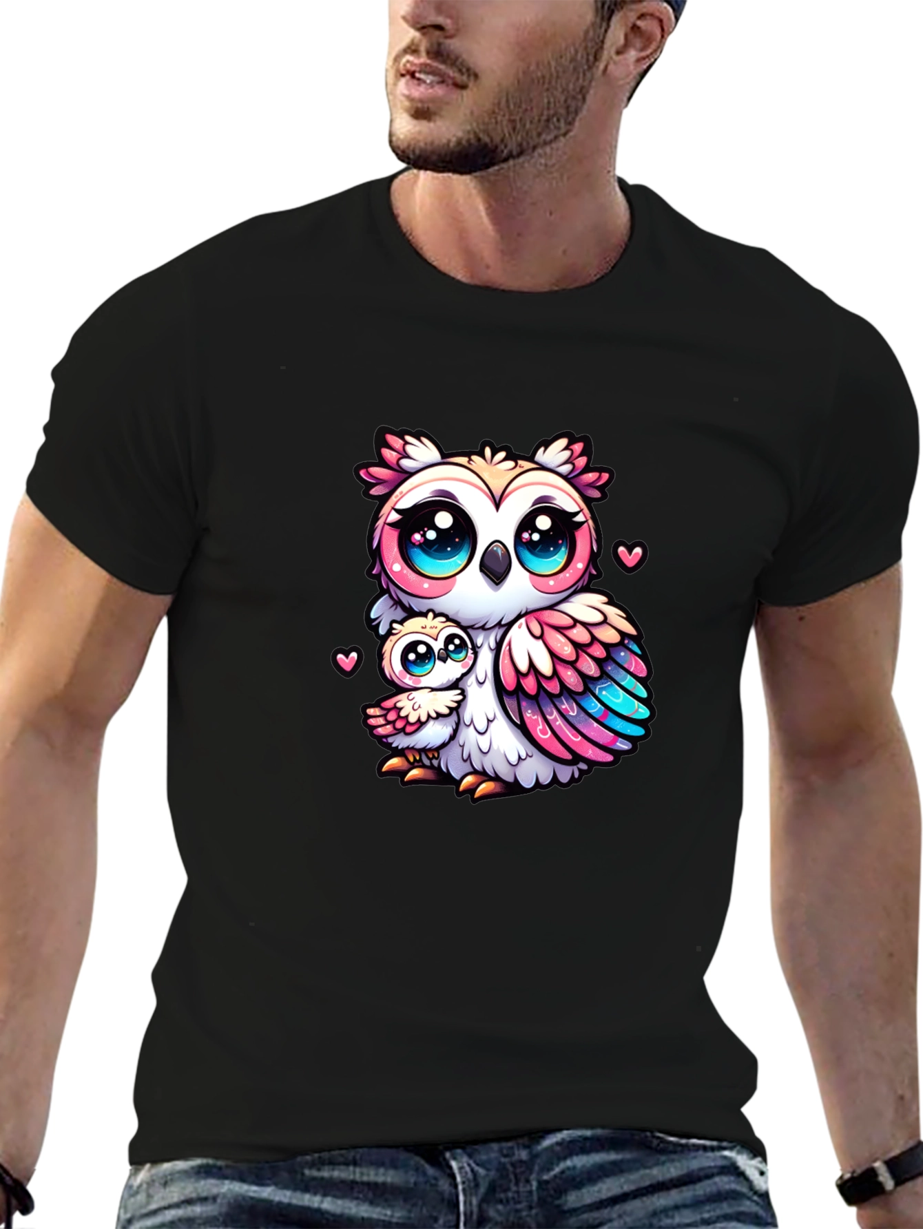 Black Cute Owl Family Graphic Tee - Black Cotton Shirt view 6