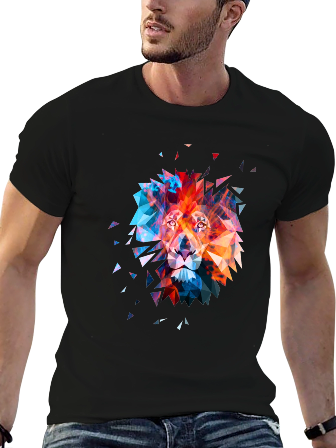 Black Geometric Lion Graphic Tee - Modern Art T-Shirt view 6
