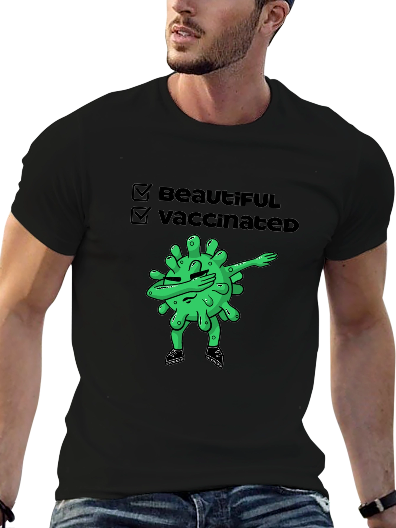 Black Beautiful & Vaccinated Cartoon Graphic T-Shirt view 6