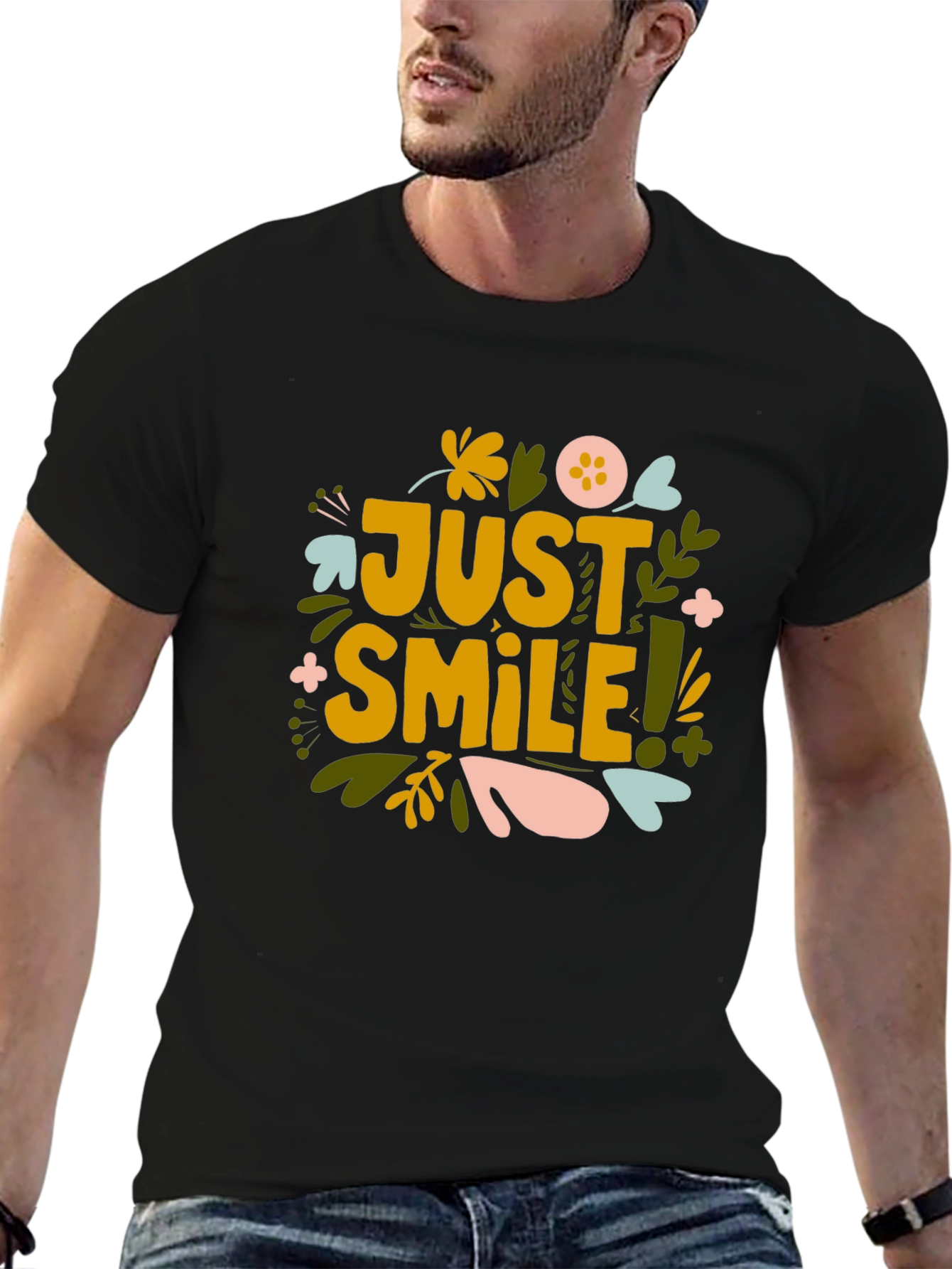 Black Just Smile Graphic Tee - Black Cotton Comfort view 6